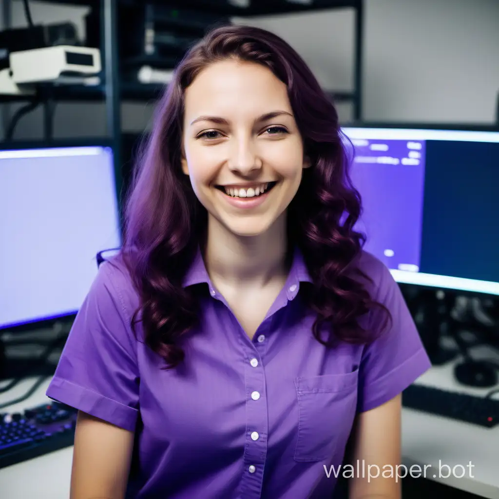 Happy, smiling woman, hair down, programming a video game in the lab, purple shirt