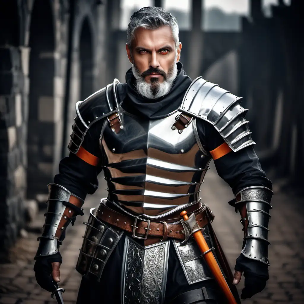 Handsome man with grey hair, black beard, muscular build and medieval armor. Orange eyes. Black boots