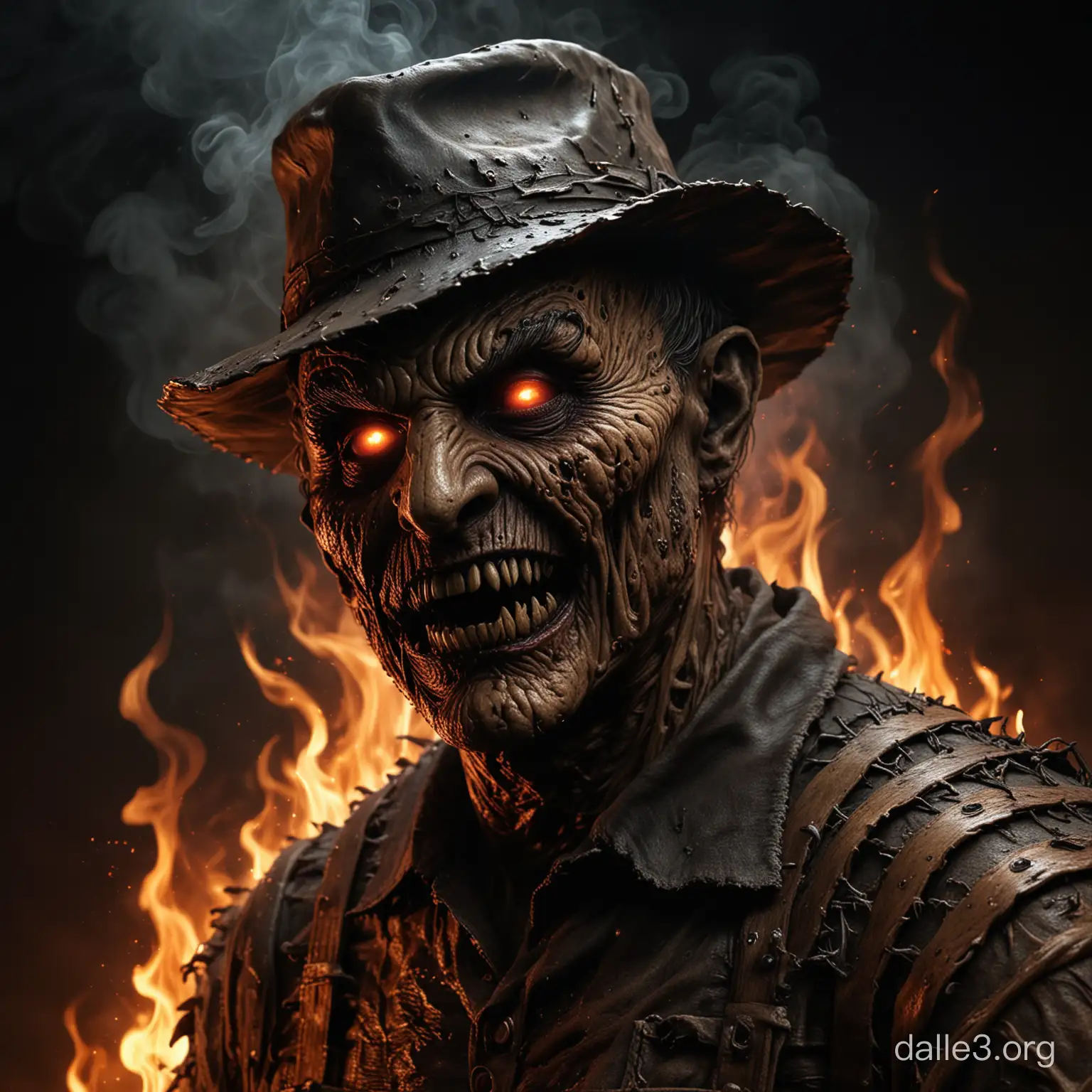     Demonic Freddy kruger, made entirely of dirty dark bones, iconic shape of freddy kruger preserved but in a scary hellish demonic way, digital painting, highly detailed, ultra fine, volumetric, aura of dark smoke and flames.