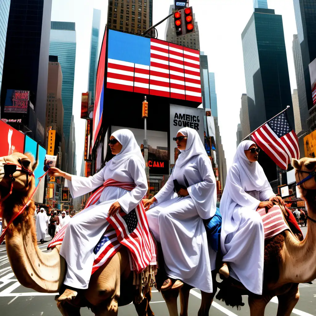 Три всадника в белых бурнусах с американскими флагами в руках едут верхом на верблюдах через Таймс Сквер. Рядом с ними семенят их покорные жёны в хиджабах.