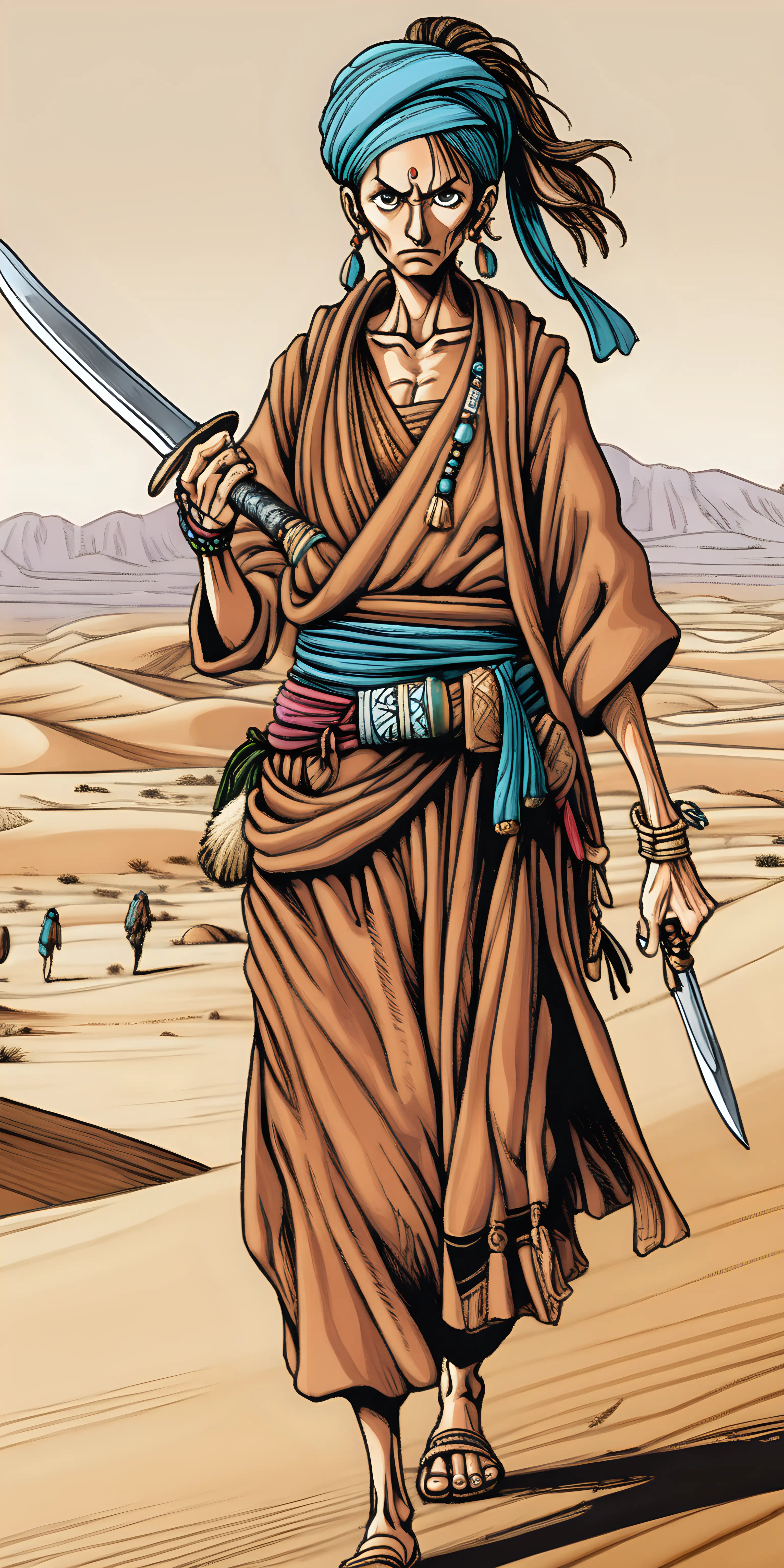 A middle-aged skinny desert female nomad who wears traditional clothes, carries a dagger, one piece drawing style.