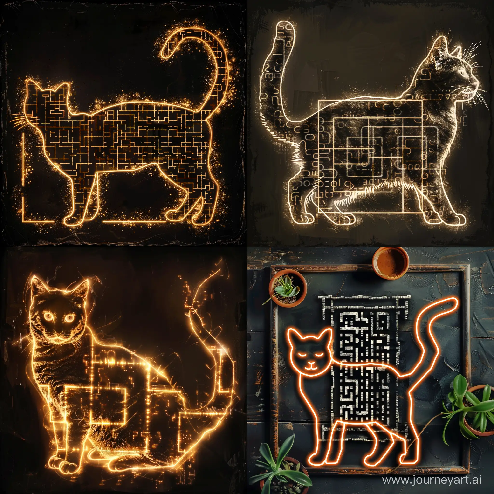 Нетрадиционный QR-код в форме кошки, сфотографированный цифровым способом с художественной элегантностью. Типичная квадратная сетка в границах контура кошки, игривый и визуально захватывающий символ, доставляющий удовольствие наблюдателю