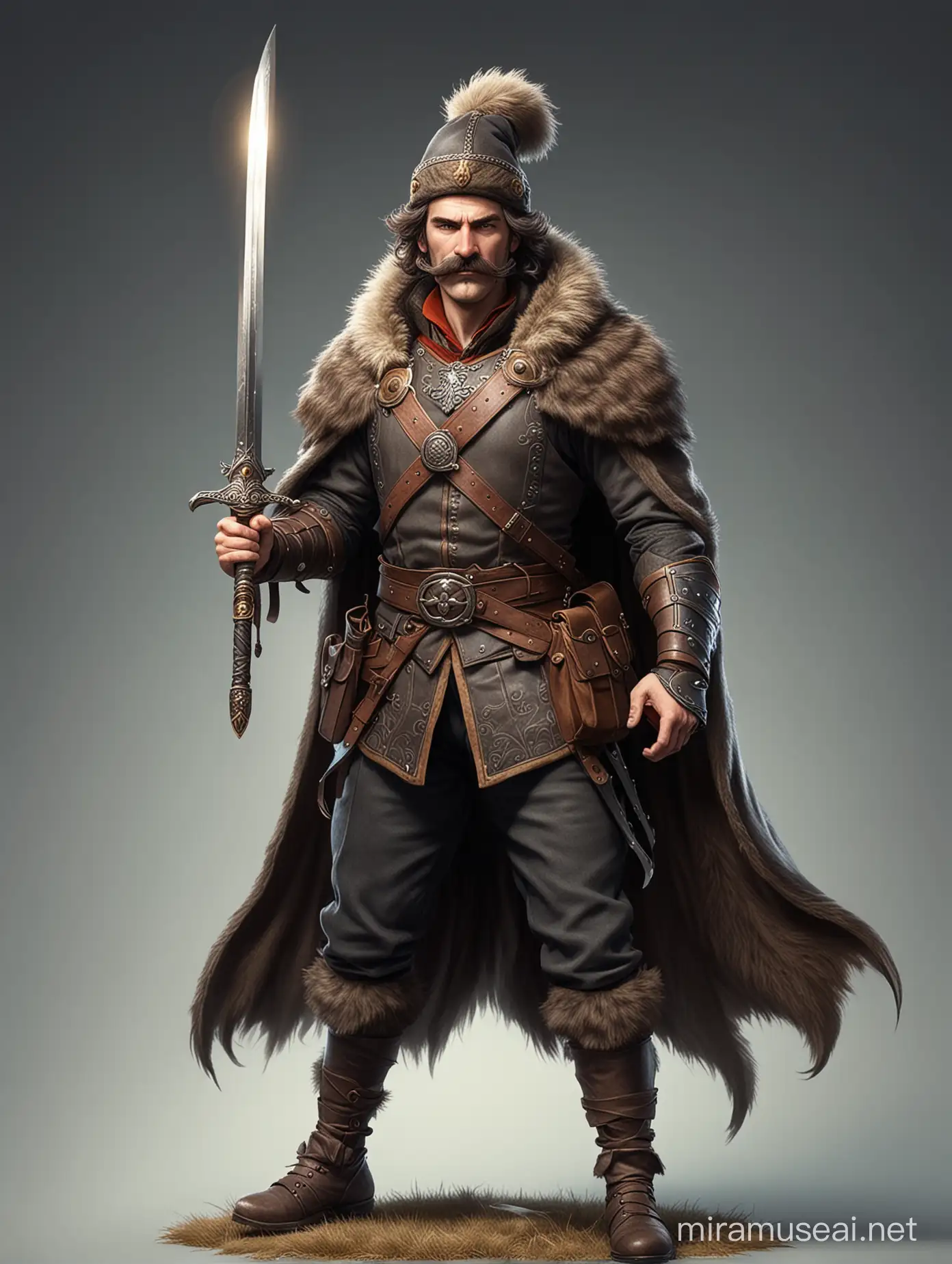 Fierce Nobleman with Mustache and Fur Hat Brandishing Sword