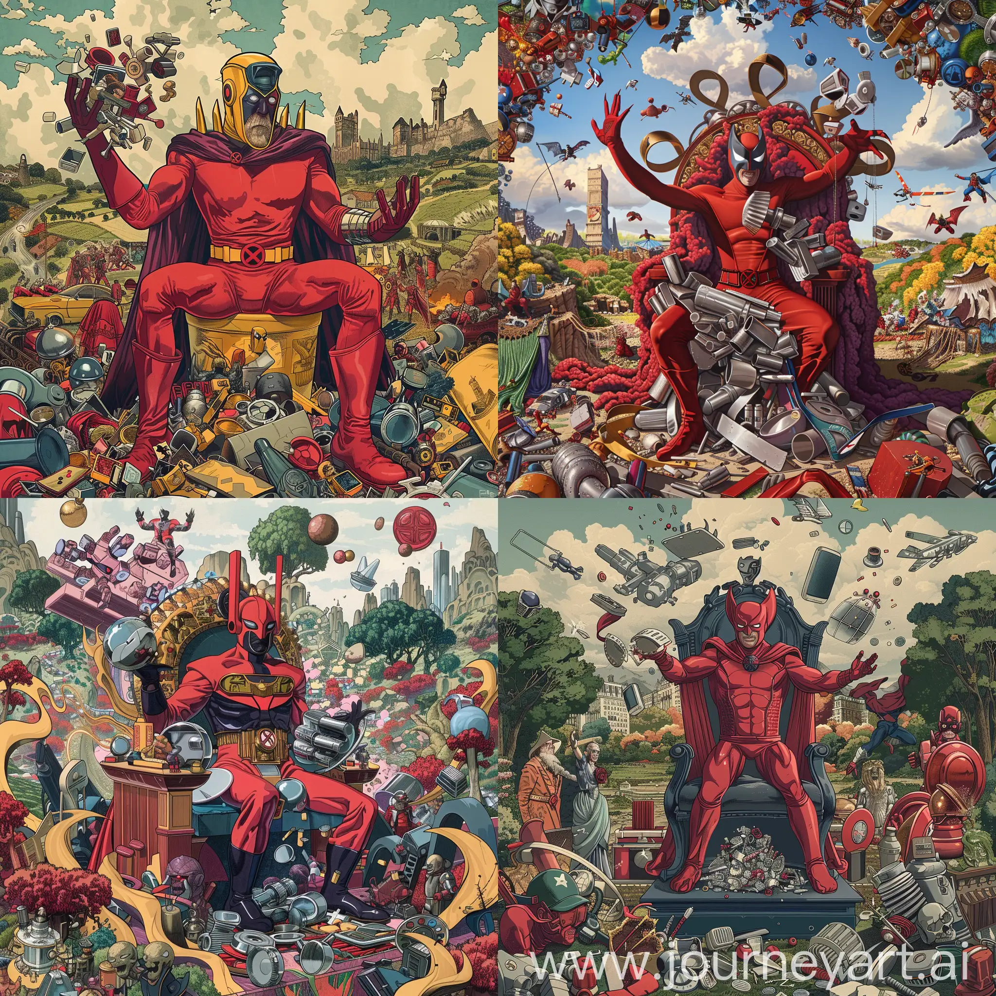 Imagine a phone wallpaper that merges Magneto's magnetic personality with Robert Colescott's vivid storytelling style. Depict Magneto playfully rearranging metallic objects to form a throne, surrounded by a Colescottian landscape filled with bold colors and whimsical takes on historical and social motifs. This design would reflect both the power and complexity of the character, as well as Colescott's unique artistic vision.
--ar 9:16