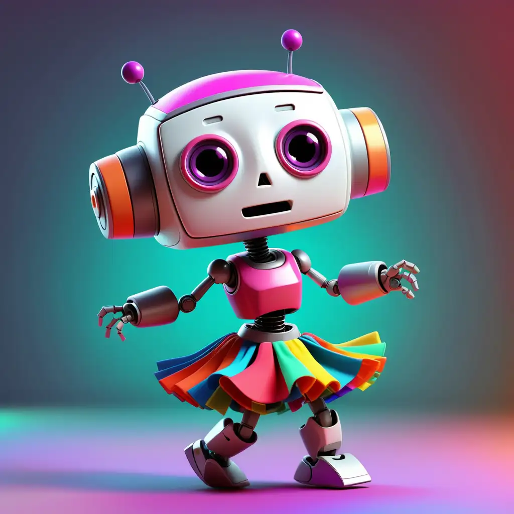 Maleni crtani robot koji pleše u šarenoj kratkoj suknji. Nema ljudsko lice.