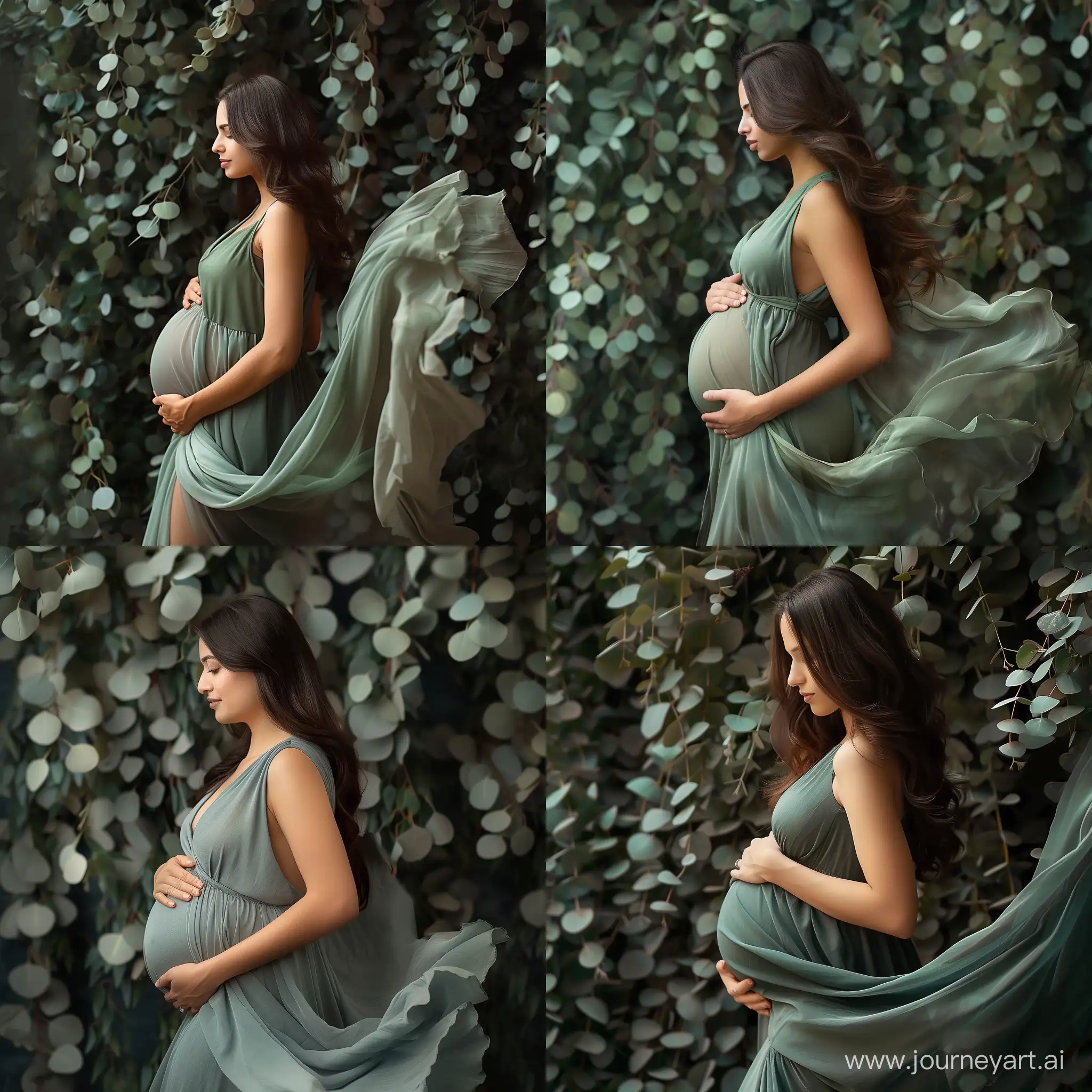 фотография беременной женщины в платье из тонкой летящей ткани цвета эвкалипт на фоне цвета эвкалипт стоит в профиль, повернута влево, смотрит на живот левая рука на животе, правая под животом