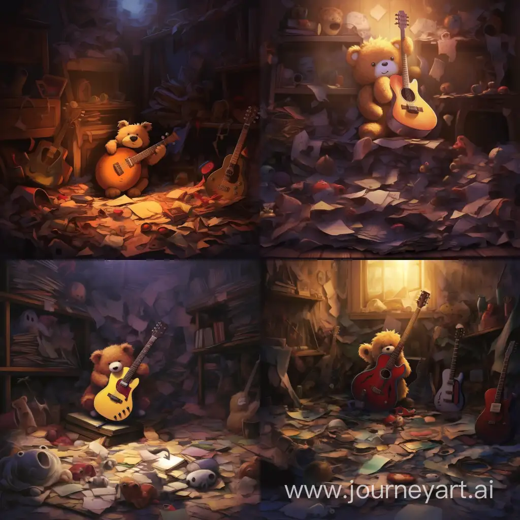 Ethereal-Guitar-Emerges-from-a-Pile-of-Worn-Plush-Bears-in-Shadowy-Room