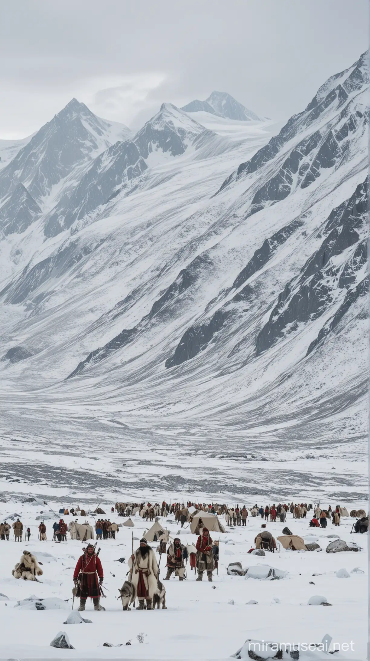 Amidst the snow-covered mountains, members of the tribe residing in the Chukchi Peninsula are seen preparing for hunting in their traditional attire. A stark backdrop of white landscape and glaciers is evident behind them.

