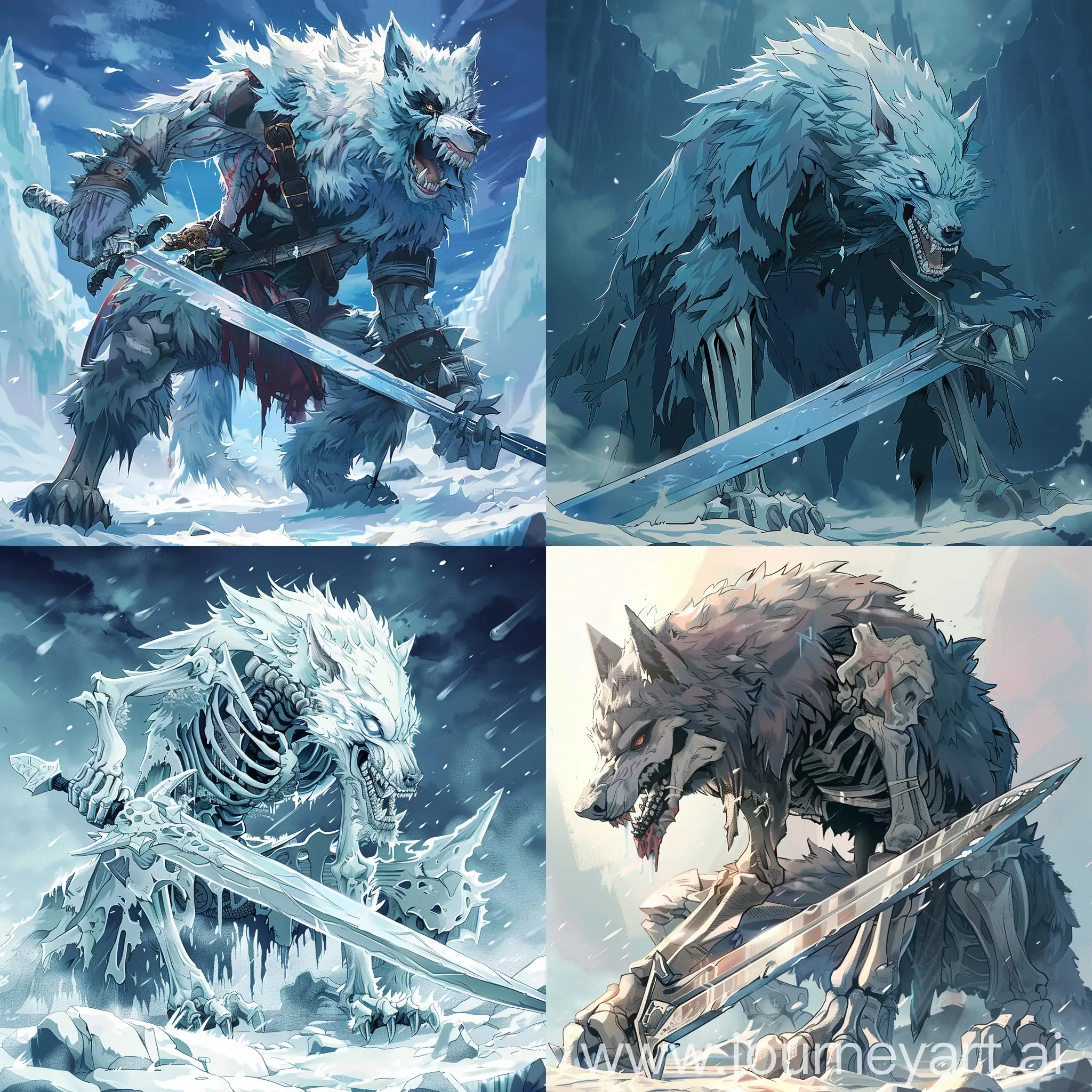 An anime style terrifying, powerful and giant ice wolf bones beast with sword.