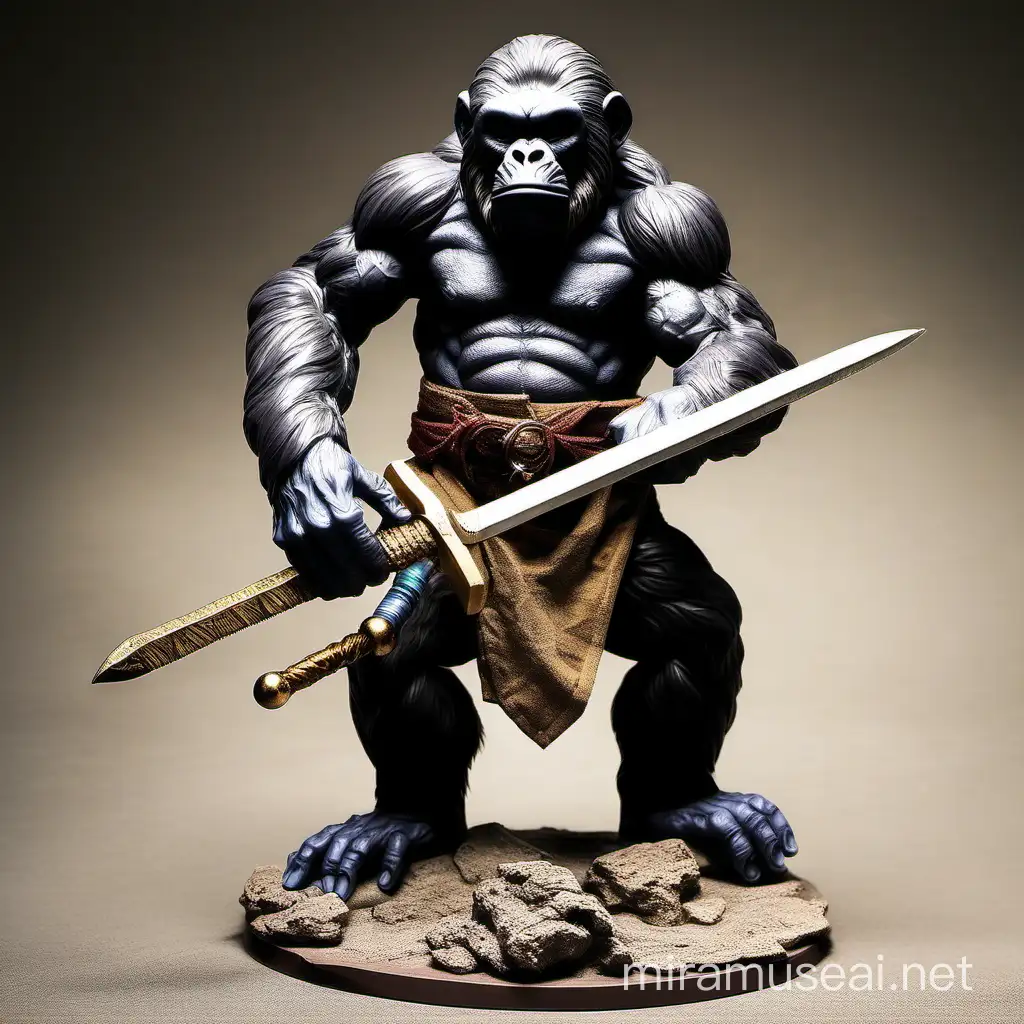 Make a ape action figure holding a barbaric sword