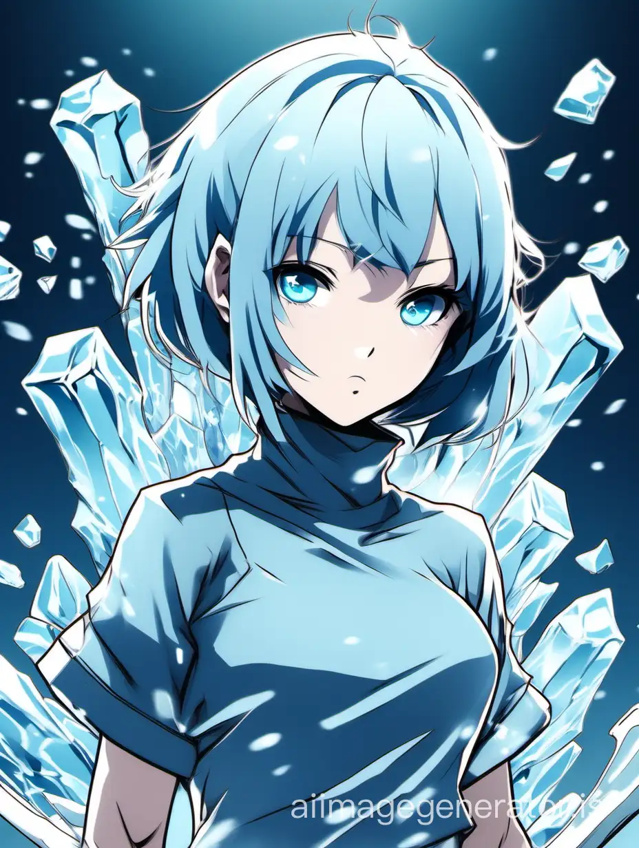 The Ice Girl, the Ice Element, light blue, bobbed haircut, looking into the lens, anime style, cartoonish, full body visible, chest, standing waist-deep.