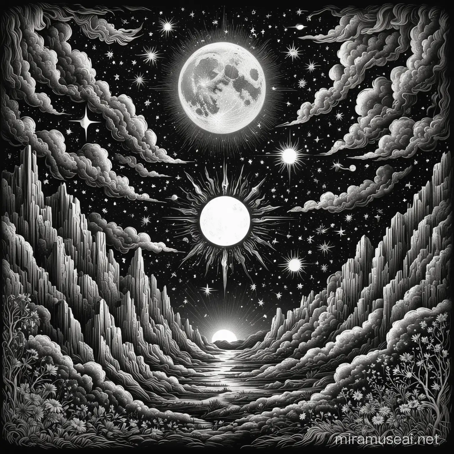 day and night scene engraved style, with moon, stars and sun. Black and white