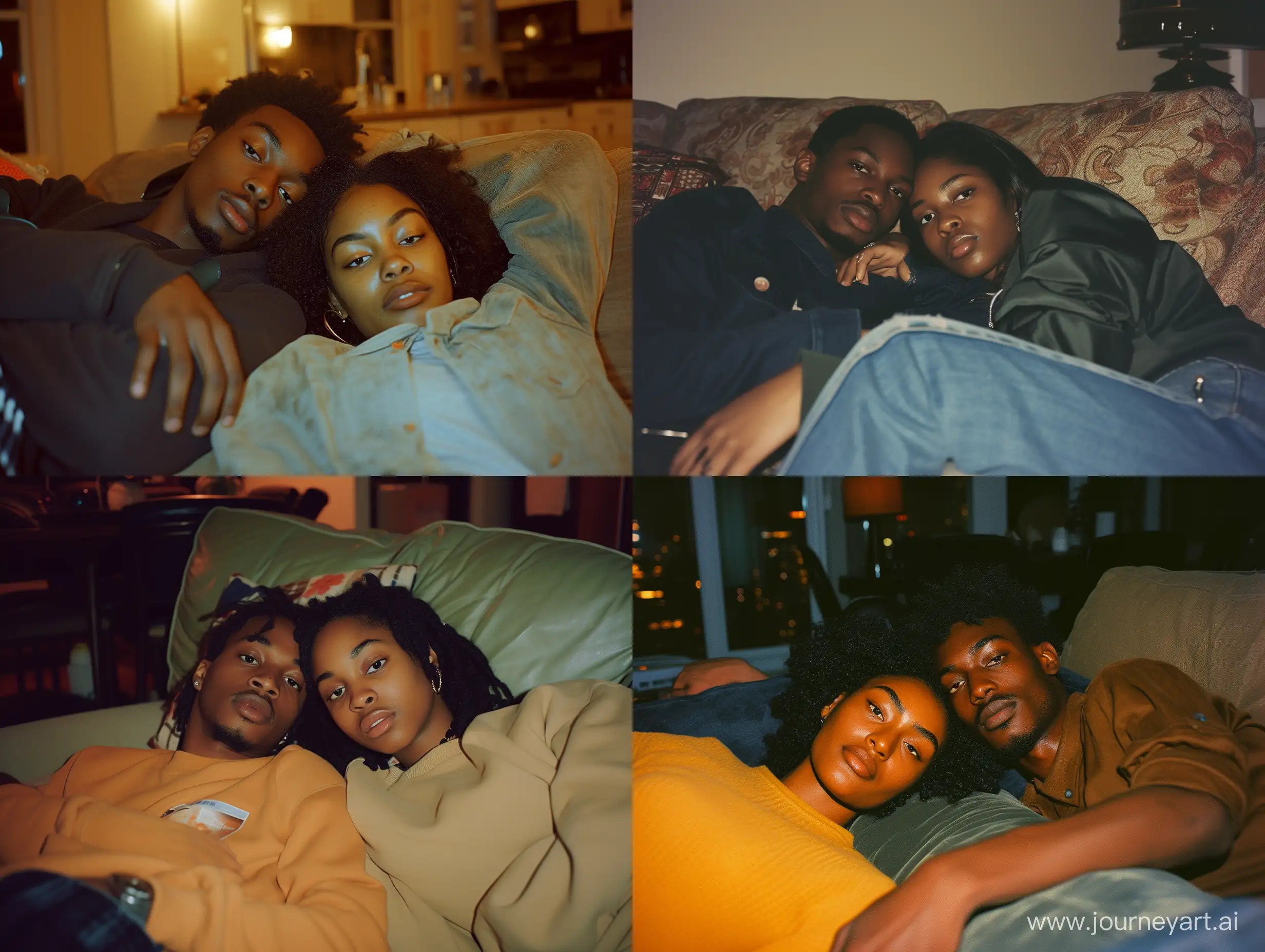a photo taken on a kodak gold 200 still, a young 21-year-old black couple laying on the couch, nighttime, selfie, poses, looking at the viewer, new york, apartment, natural lighting
