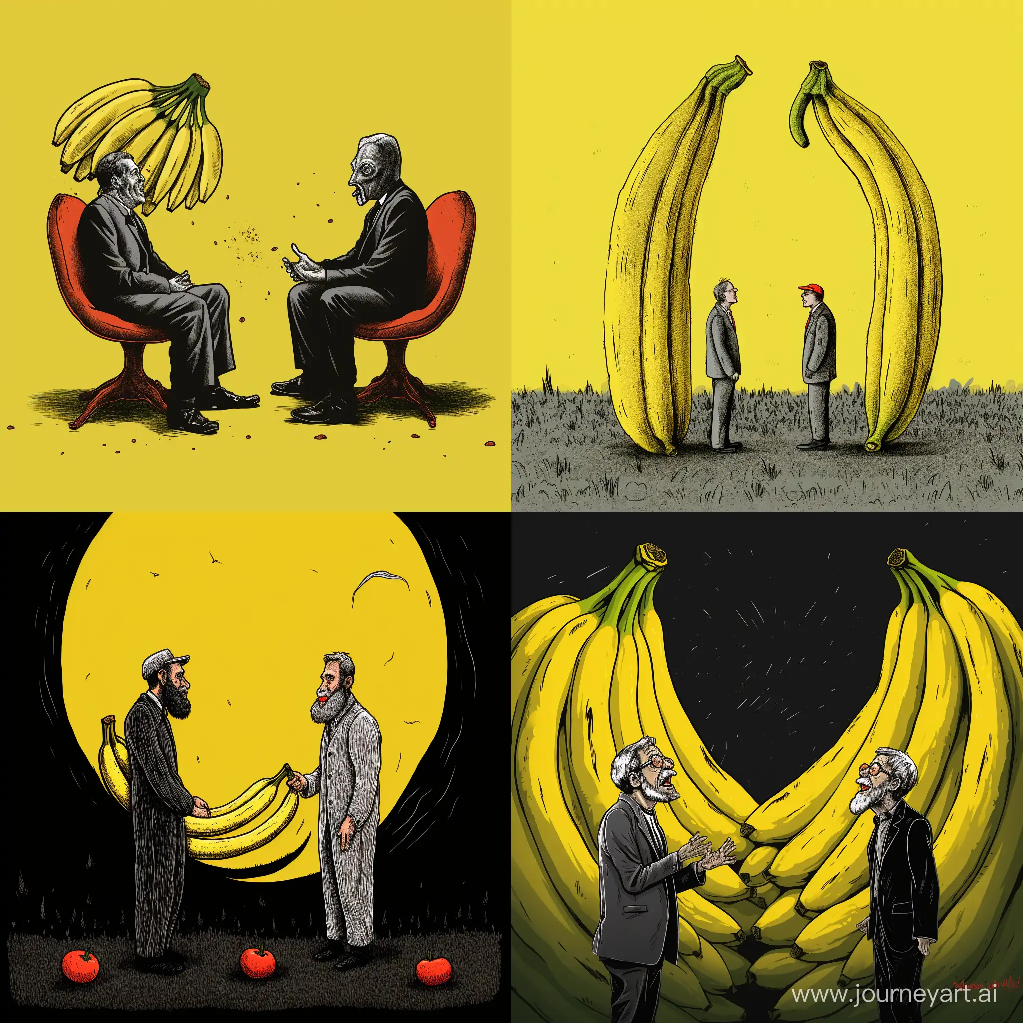 Иллюстрация, 2 банана спорят о смысле жизни