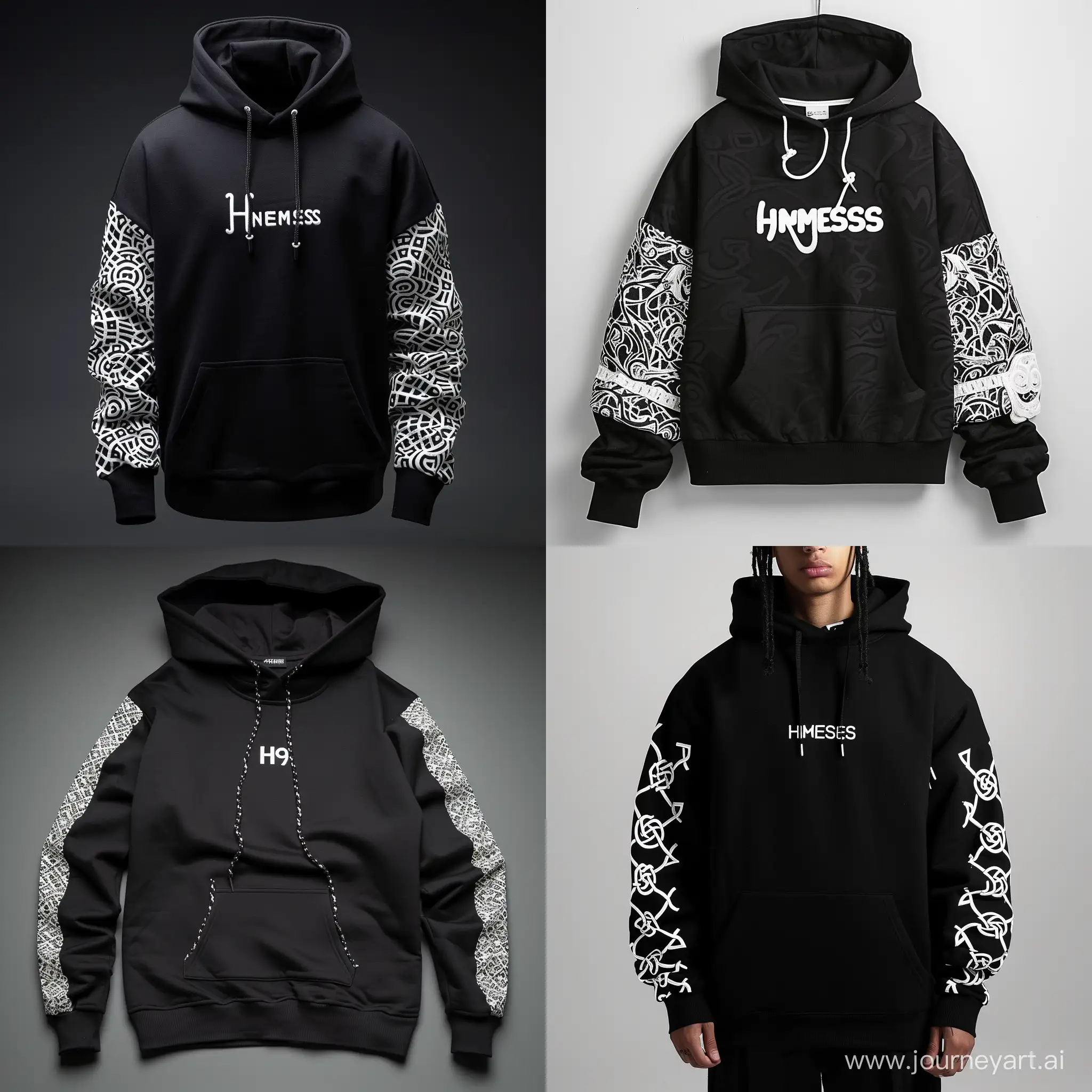 a black hoodie with white patterns on the sleeves and a white embroidered inscription "h9nemesis", emphasizing the individuality of the model. the inscription should be executed in a font imitating a letter