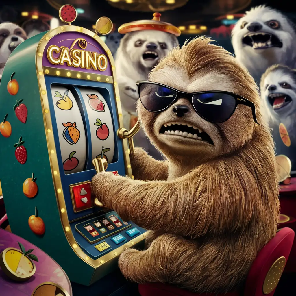 very angry sloth is playing casino machine