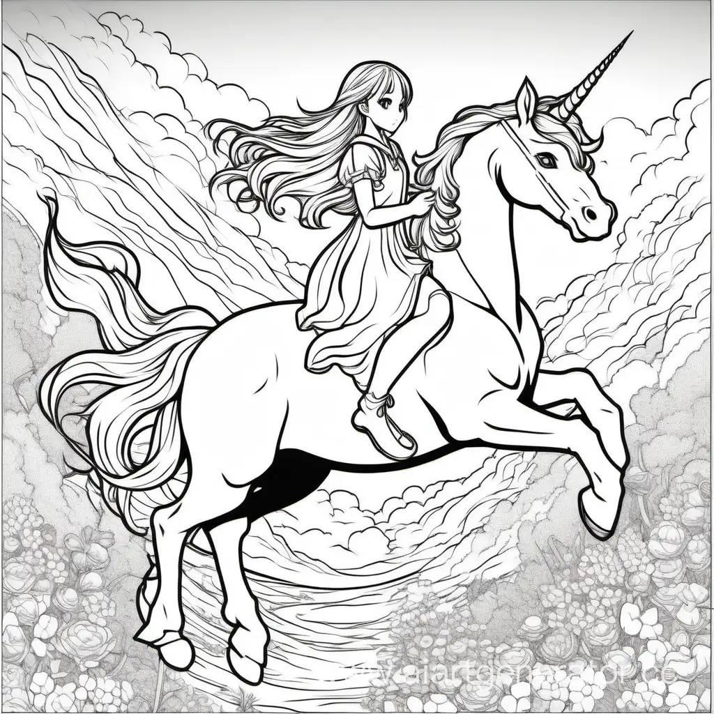 Coloring page.в стиле аниме-девушка верхом на единороге, в полный рост