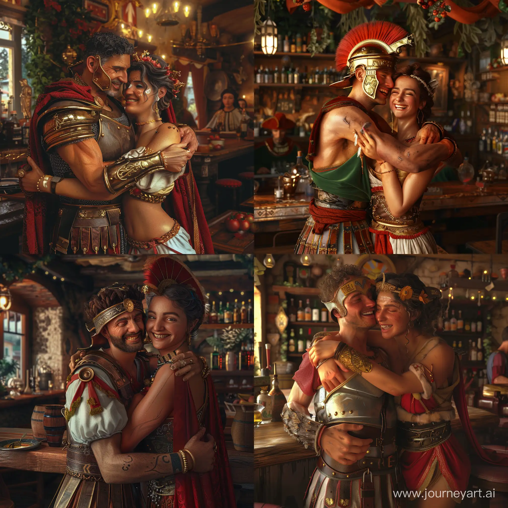 Cheerful-Italian-Legionary-Warrior-Embraces-Beautiful-Greek-Woman-in-Hyperrealistic-Tavern-Scene