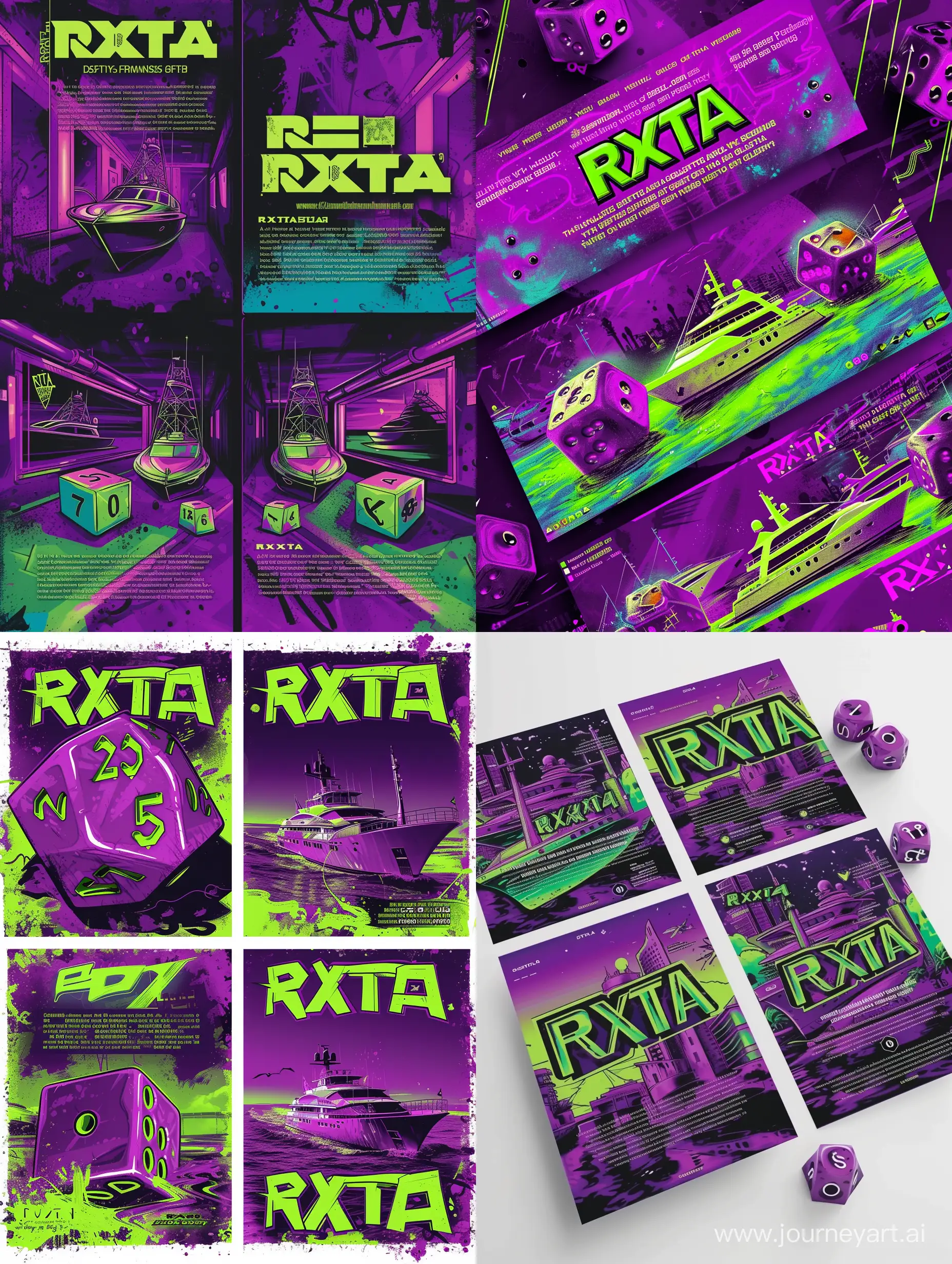 дизайн 4 слайдов правил к настольной игре RXTA в кости с текстом и изображениями яхты в фиолетовых и кислотно зеленом цвете в стиле граффити 