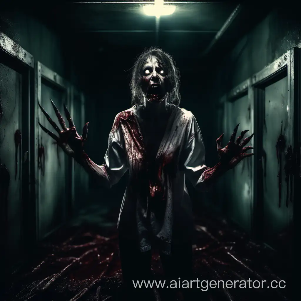 A hungry, ugly zombie female with long sharp nails  protruding from her fingers like menacing claws,she try grab, she stands in the center of a Pitch Darkness  room. the filter: hyper-realism, cinematic , high detail, the smallest details, horror, fear, nightmare, realistic blood. 