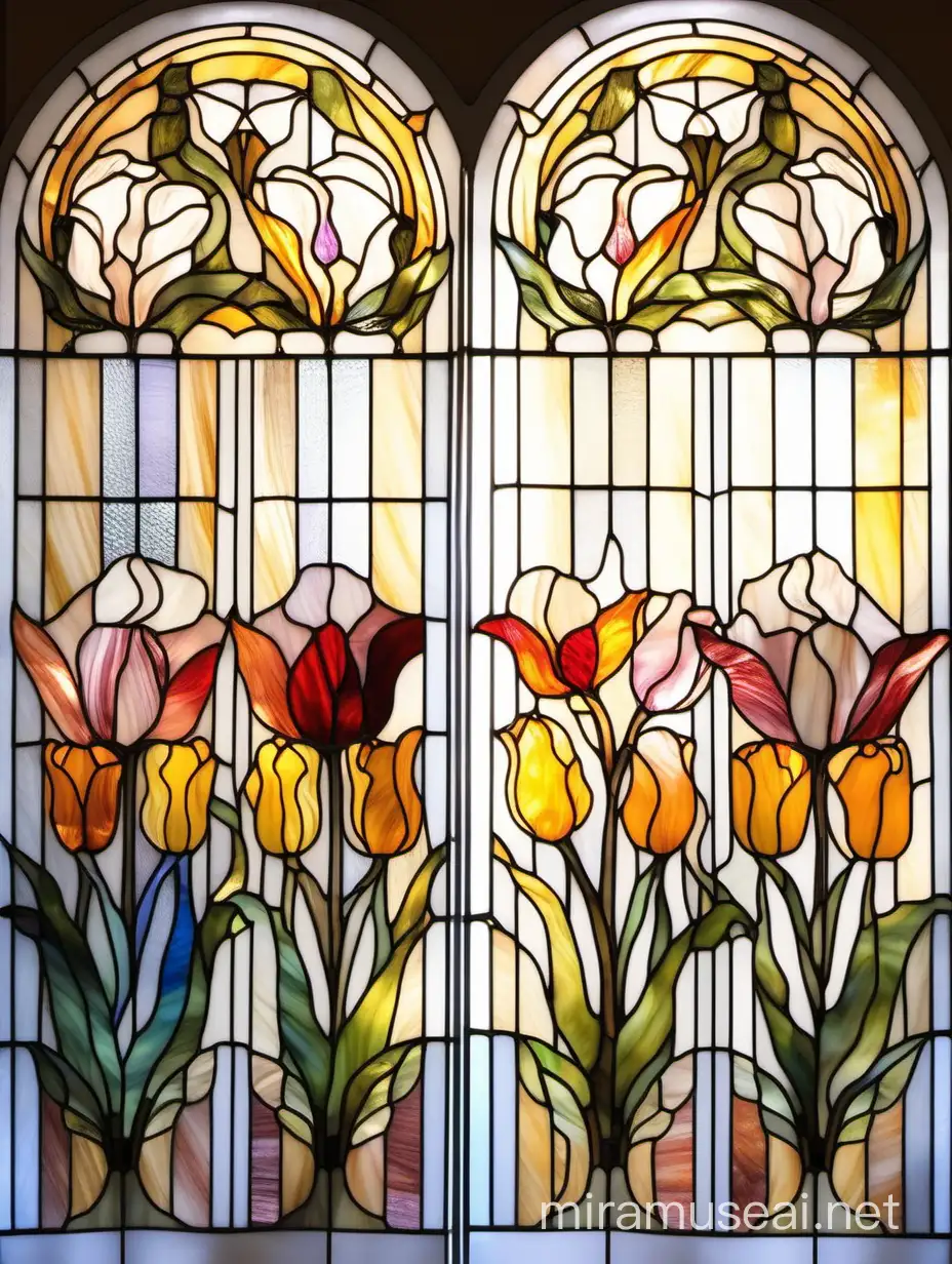 витраж цветочный орнамент с тюльпанами, на дверях, из желтого, оранжевого, розового, синего, красного и белого стекла тиффани, в стиле ар нуво на фоне штор из белой органзы