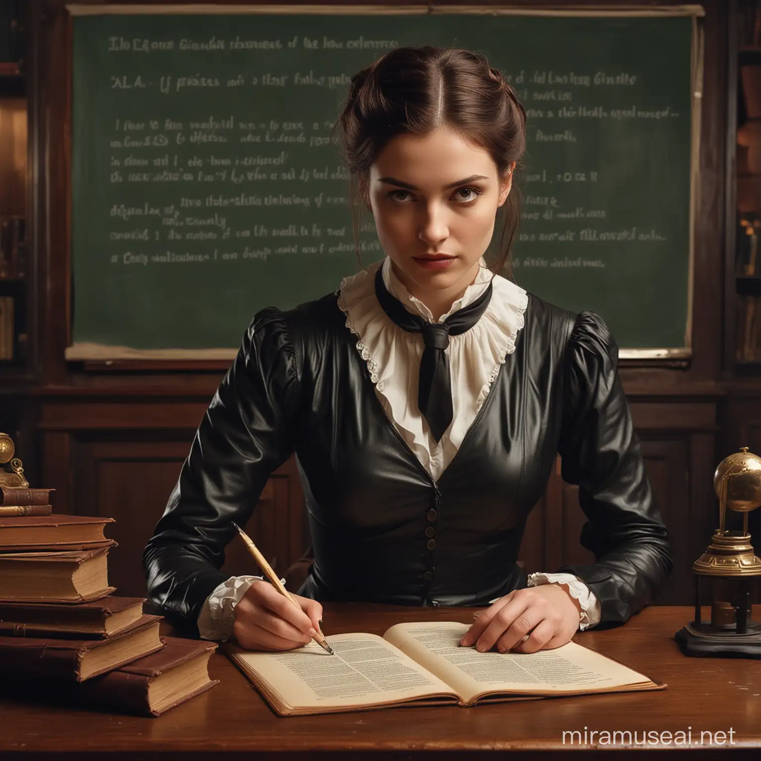 Imagine a vintage school room with dim lighting, featuring a stern yet alluring Mistress at the front. The scene is heightened by subtle BDSM elements - leather-bound books on the desk, faint sounds of creaking leather, and a hint of provocative tension in the air. The Mistress, dressed in classic attire, holds a chalk in one hand, poised to write on the board. Her expression conveys authority mingled with a touch of mystery. The setting is a blend of academic seriousness and an undercurrent of sensual anticipation, evoking curiosity and imagination. make sure she have 5 fingers left and right