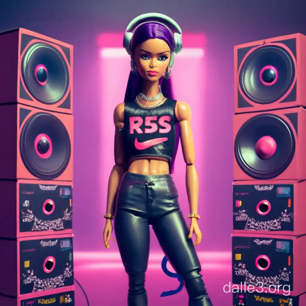 generate only one Barbie doll of a very dark purple hair female DJ, the name logo written on her crop top is "R.S.S". She is inside the box. On the box there is a big Barbie logo, and also written "CROSSBREED EDITION" in very big letters. She has turntables, she has headphones on her head, she is dressed with a camouflage crop tank top and she wears black leggings, and silver chain necklace. She wears Nike Air Force 1 shoes