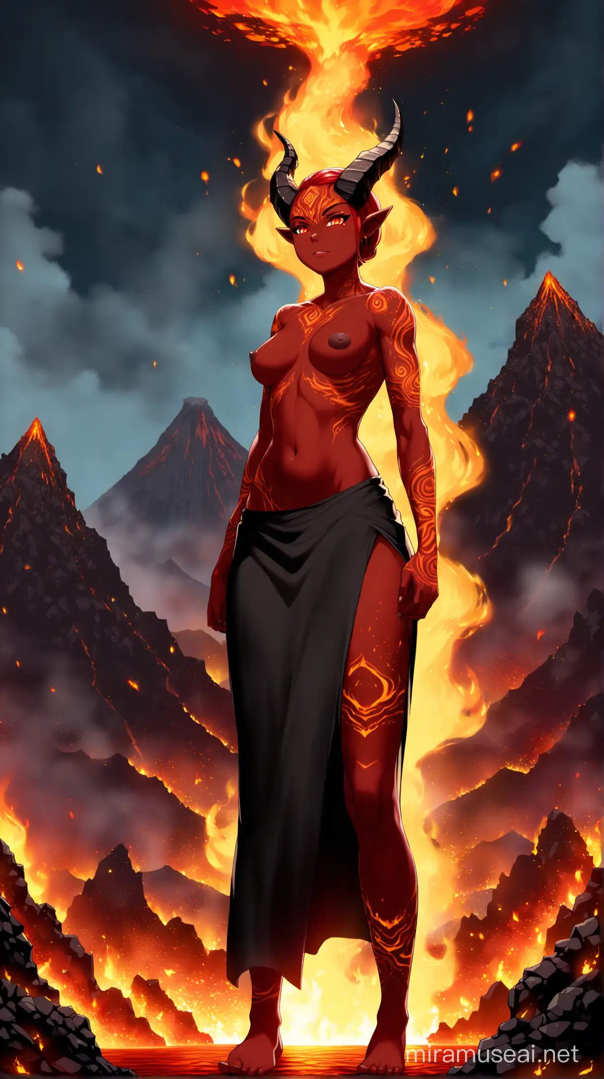 (red skin: 1.5), (flat breasts: 1.5), topless, long skirt, black skirt, fire hair, glowing eyes, red eyes, fire elemental, ifrit, 1girl, female, (black nipples: 1.2), horns, black horns, big horns, volcano, volcanic background, bare breasts, barefeet, solo, character showcase, front view, standing, (low perspective: 1.5), lava, fire, magma, ash, pale, red, thin, big butt, big ass, slim, fantasy, elemental, blue fire