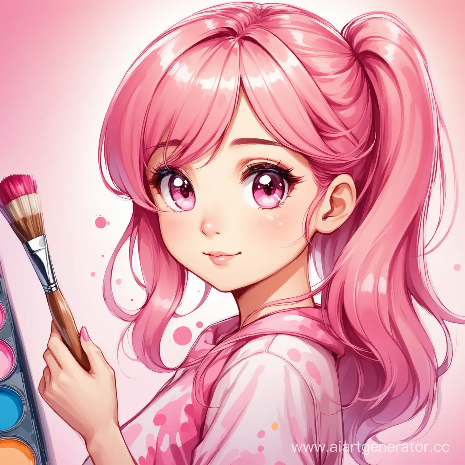 Сгенерируй изображение мультяшной девочки-дизайнера с красками и кисточкой в розовых тонах