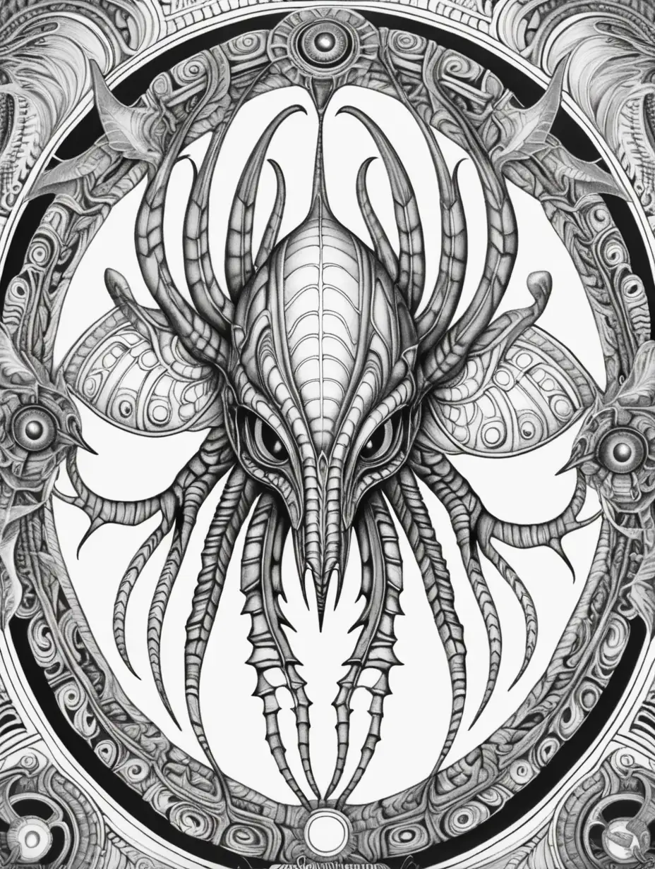 Adult coloring book page. High details. Black and white. No grayscale. Open spaces for coloring. Perfect symmetry mandala scaled for ar 3:4. pteronadon eyes inspired by H.R. Giger.