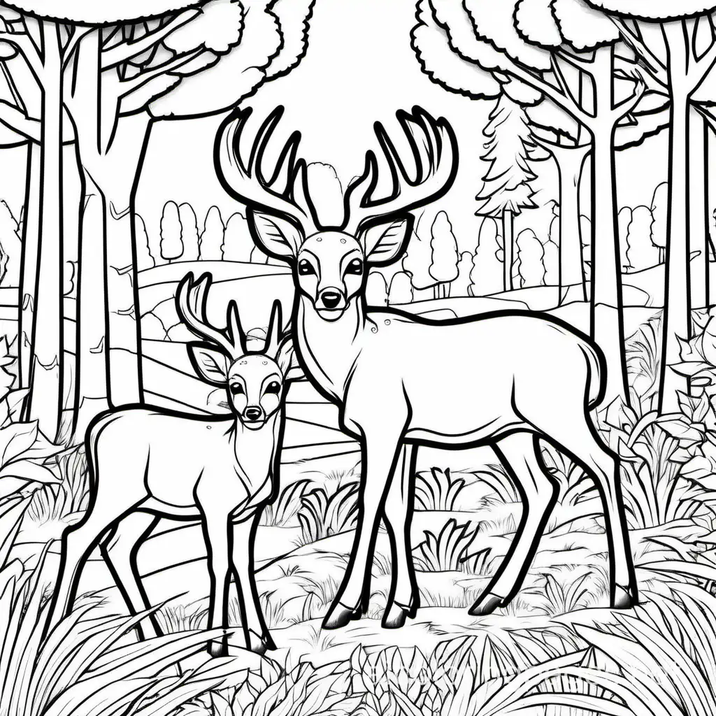 Deer Herd: Deer grazing in a clearing., Coloring Page, black and white, line art, white background, Simplicity, Ample White Space. The background of the coloring page is plain white to make it easy for young children to color within the lines. The outlines of all the subjects are easy to distinguish, making it simple for kids to color without too much difficulty