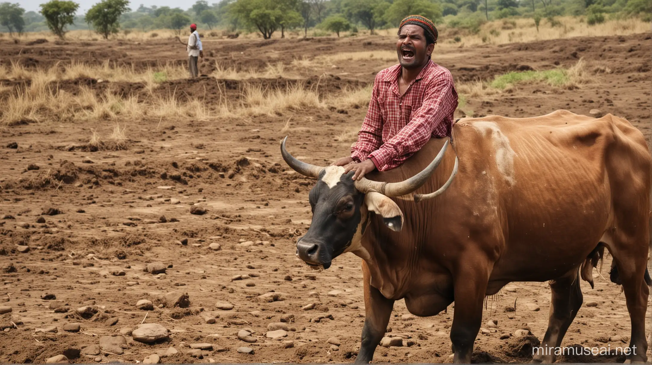 Khilari, a farmer in Maharashtra, crying on the bull's neck