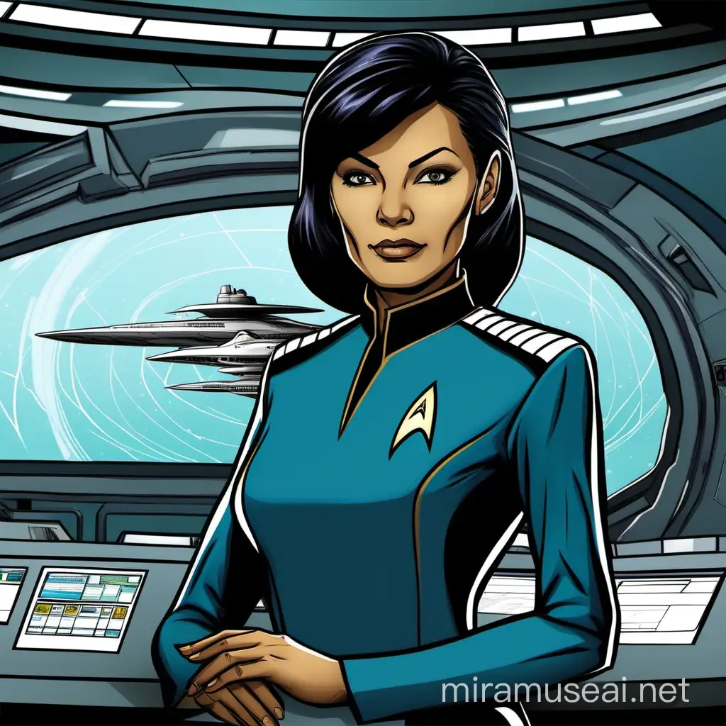 Create an illustration of Lieutenant Tillena Kolis, a Romulan medical officer serving aboard the U.S.S. Lazarus during the 2380s era within the Star Trek universe. Tillena has mid-length black hair and a composed, yet youthful appearance that reflects her dedication and determination. She wears a standard blue Starfleet uniform with the medical officer's insignia, showcasing her role as a trusted member of the starship's medical team. The artwork should depict Tillena in a professional setting on the U.S.S. Lazarus, engaged in medical duties or consultations with fellow crew members. Despite her relative youth, Tillena's expression conveys confidence and competence, embodying her growth and experience as a valued officer in Starfleet. The background could feature elements of a starship environment, emphasizing Tillena's role and contributions within her assigned vessel. star trek character portrait, romulan female, romulan, starfleet, romulan in starfleet,
