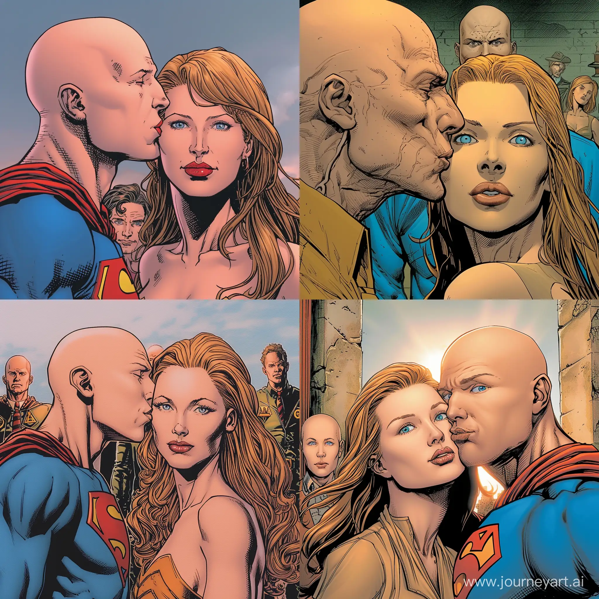 Lex Luthor, portrayed by Michael Rosenbaum, bald kissing a woman . The woman has a light-medium golden complexion, a squared face shape, full lips, blue eyes, dirty blonde eyebrows arched toward the tail, a button nose, and long, straight strawberry blonde hair with wispy bangs. Meanwhile, Martha Kent , Jonathan Kent , Clark Kent , Lois Lane, Chloe Sullivan, and Kara Zor-El  are all watching in horror.