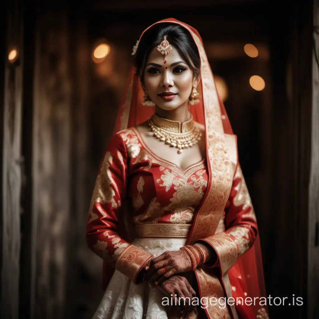 In the rustic wedding setting, the blurred background evokes a sense of tradition and simplicity. Amidst it, the bride stands resplendent in her traditional attire, a vision of timeless beauty. The rustic charm of the scene captures the essence of a cherished cultural celebration, steeped in love and tradition.