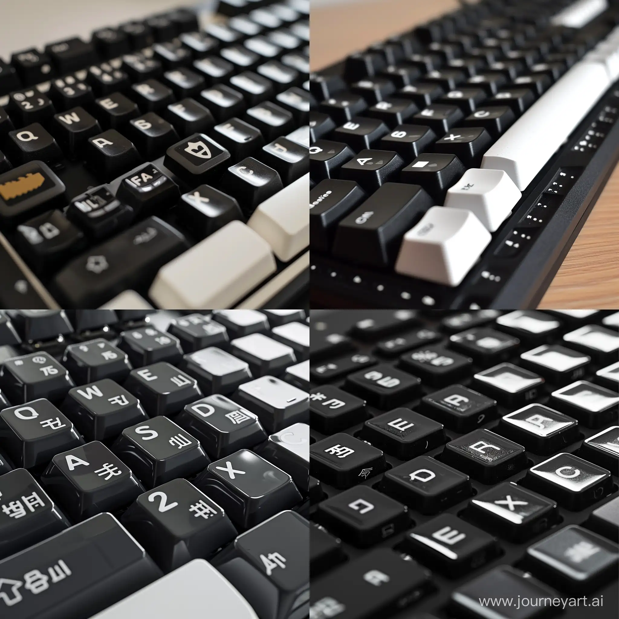 Close-up of a black and white keyboard with Cyrillic and Latin characters on separate keys, highlighting the versatility of bilingual computing.