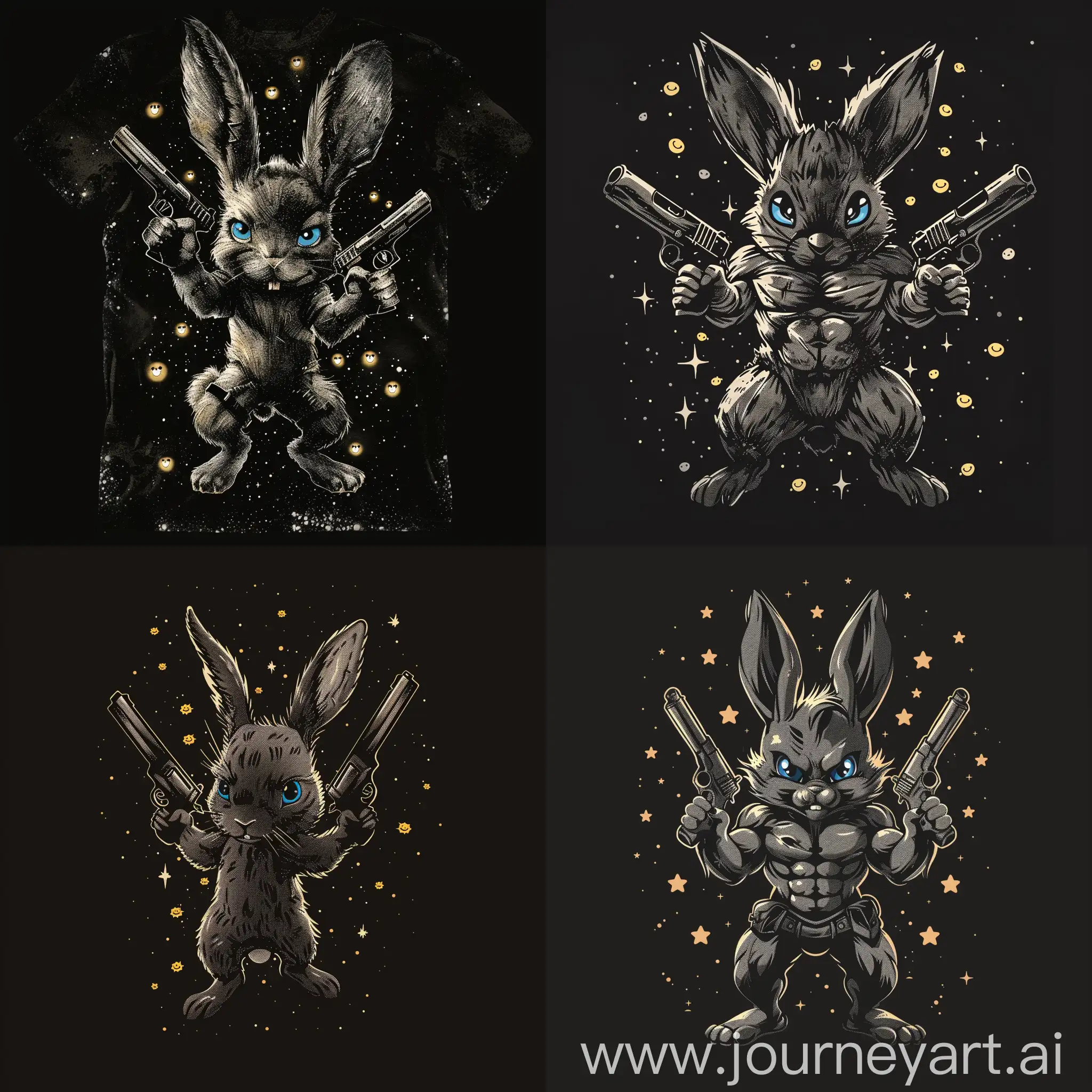 This amazing T-shirt design features a small, muscular black rabbit with blue eyes holding two firearms. The background is a deep, dark black with smiling little stars, emphasizing the panda's ink drawing style and the overall simplicity of the design.