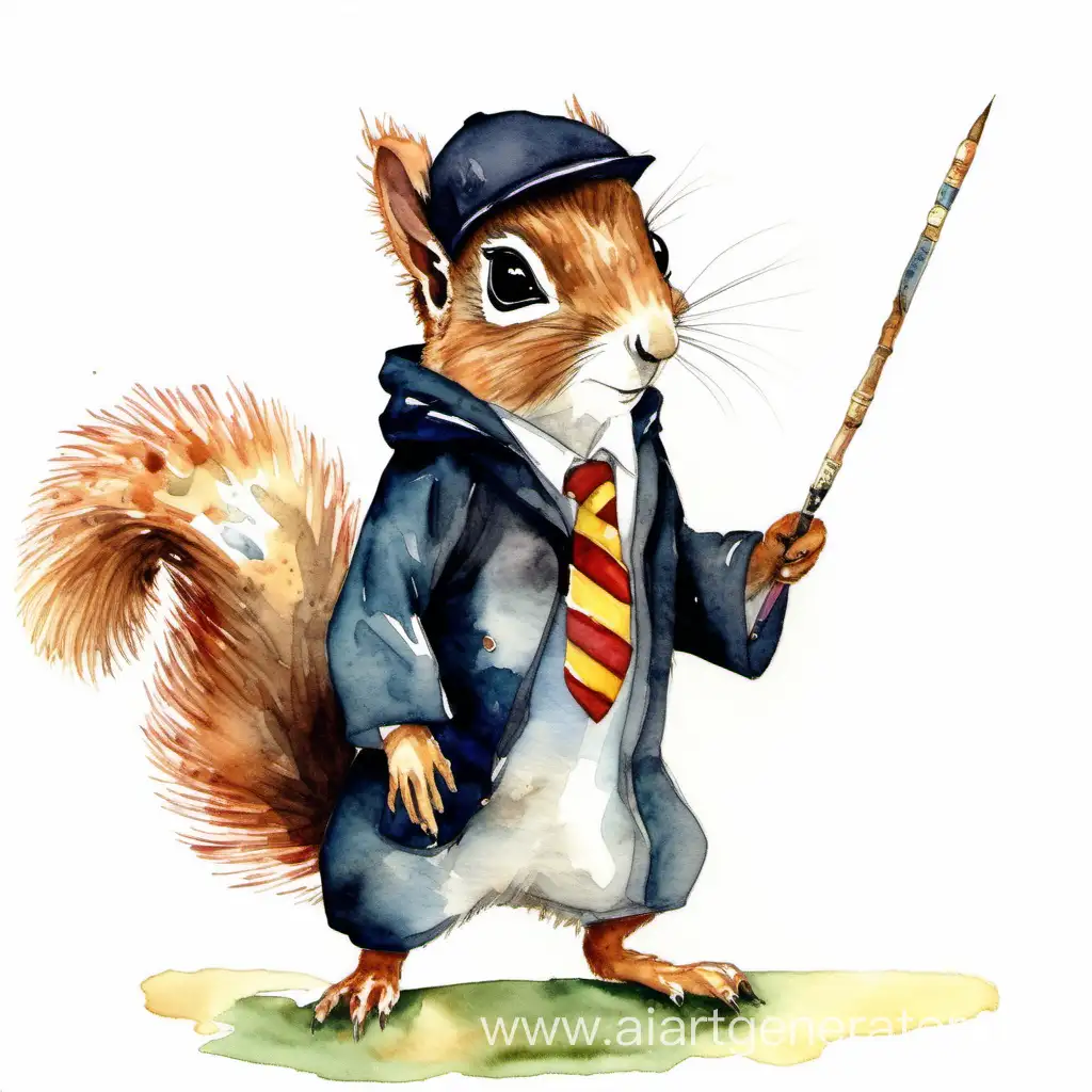 Harry Potter as a Squirrel, holding a wand and wearing a soccerer outfit, facing adorno, watercolour painting
