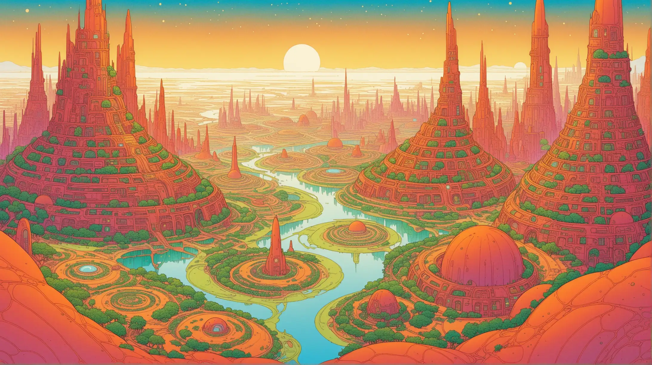 magical garden alien city, three complex, warm colors, gloomy, embroidered, detailed, art by moebius,