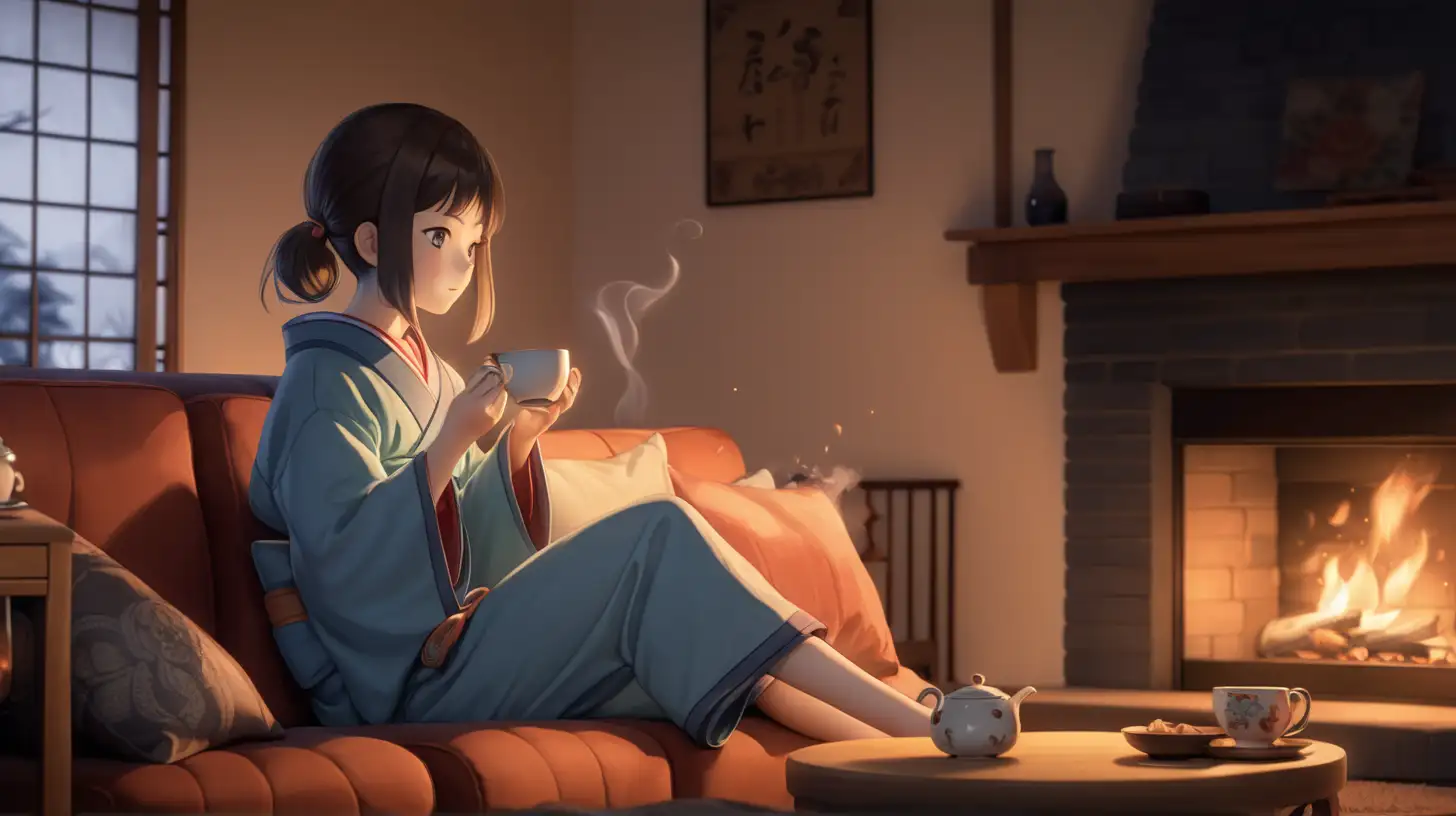 japanese anime inspred, a girl holding a cup of tea on sofa, watching fire in hearth, in living room