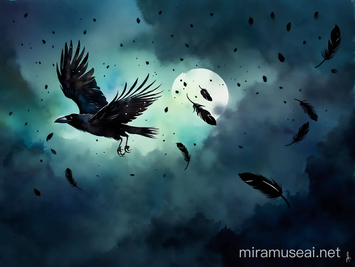 раненая ворона улетает в небе, перья вороны, watercolour style by Alexander Jansson