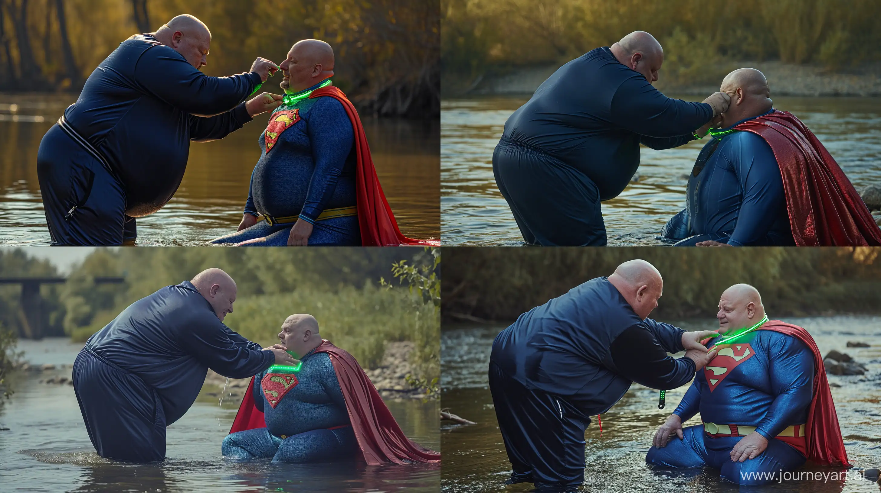 Back view photo of a chubby man aged 60 wearing a silky navy tracksuit, bending and tightening a green glowing small short dog collar on the neck of another chubby man aged 60 sitting in the water and wearing a tight blue silky superman costume with a large red cape. River. Outside. Natural light. Bald. Clean Shaven. --style raw --ar 16:9 --v 6