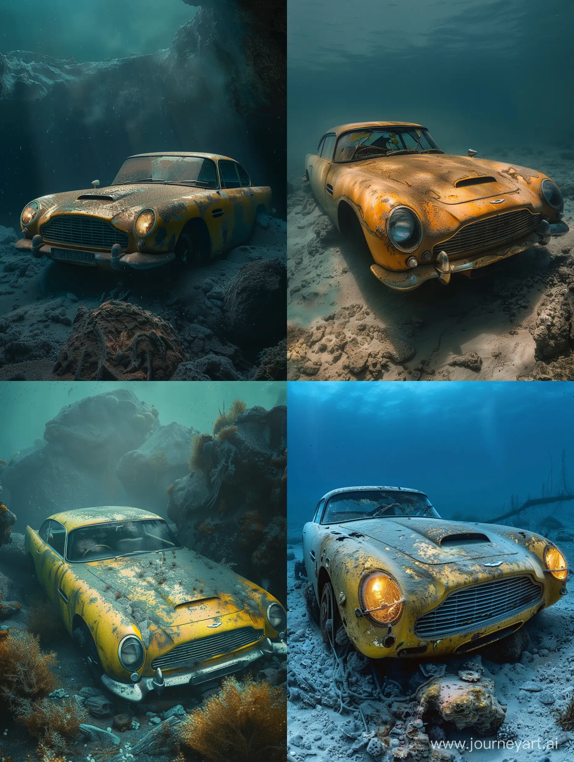 Photographic and hyperrealistic style of an old Aston Martin car driving along the seabed, exploring it, the car is yellow, it is rusty but still has the lights on, by Rafael Fernández:: 2 --style raw 