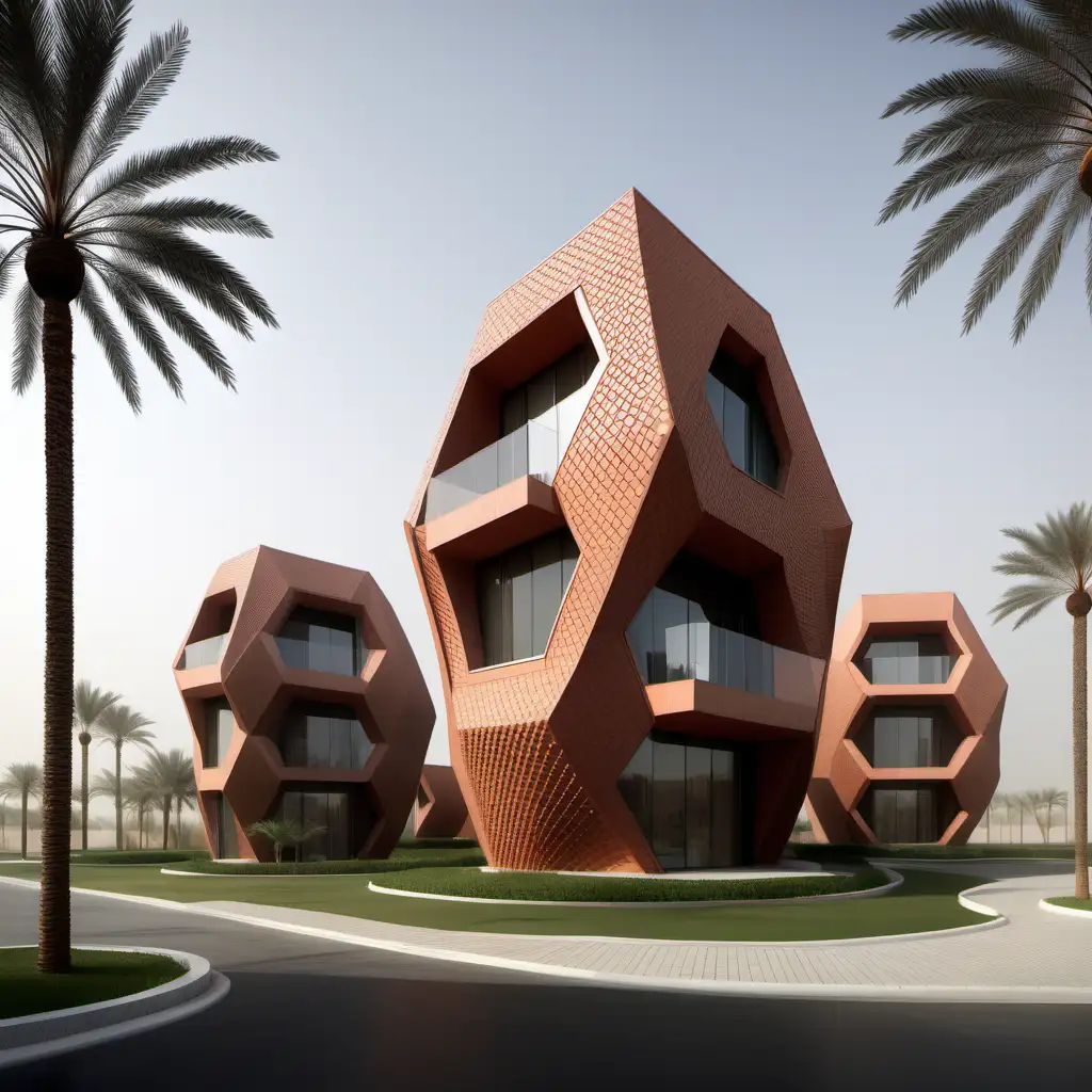 two story faceted villas with popping out balconies
Forming hexagonal compounds
Green areas between them 
Villas pattern variation 
Terracote material 
Abu Dhabi 
MAD architects
Fog 
Front view