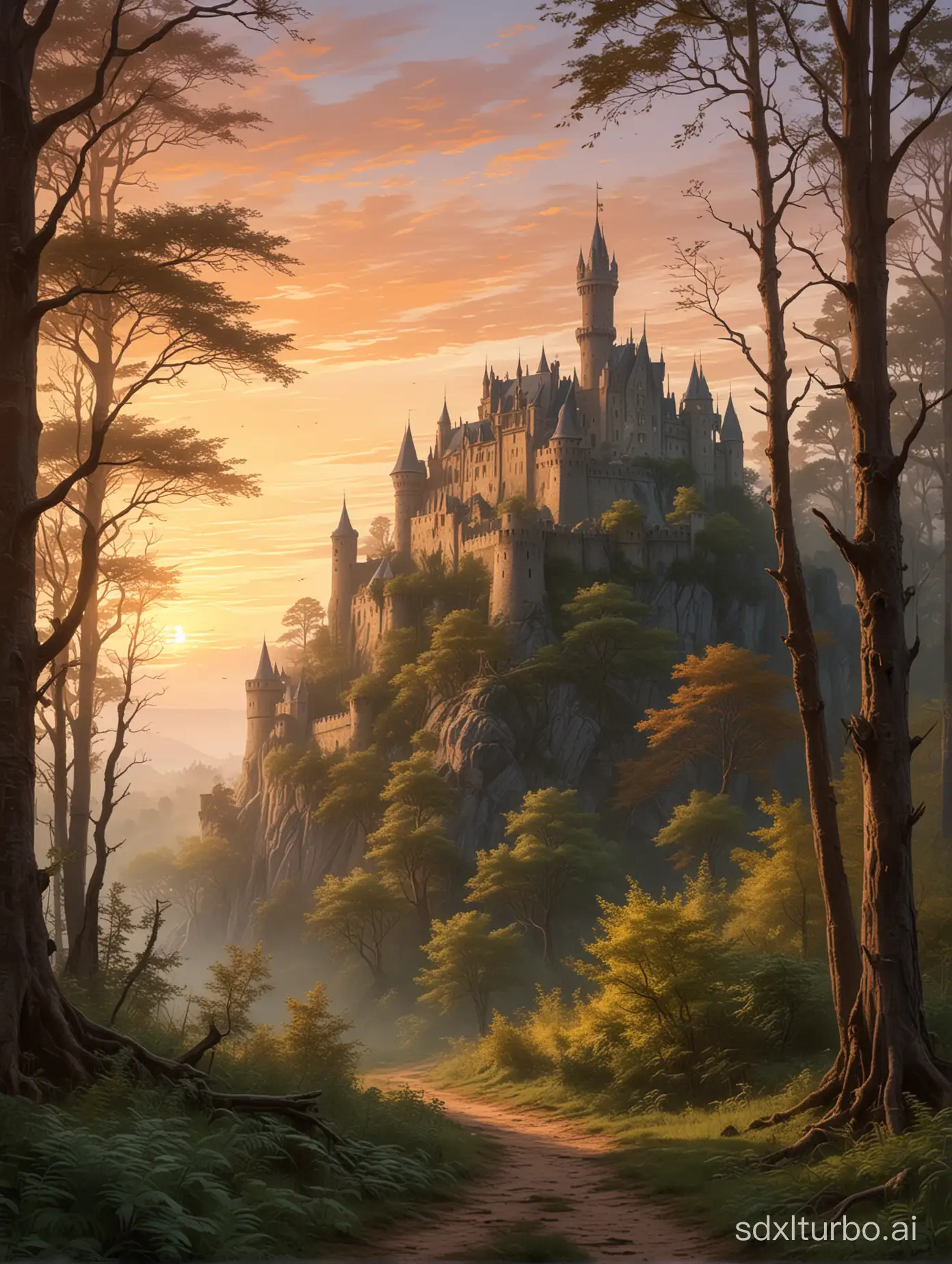 A mysterious forest at sunrise, with an ancient castle visible in the distance. The lighting is soft, with accents on the contours of the trees and the architecture of the castle. The style is digital painting, reminiscent of brushstrokes.