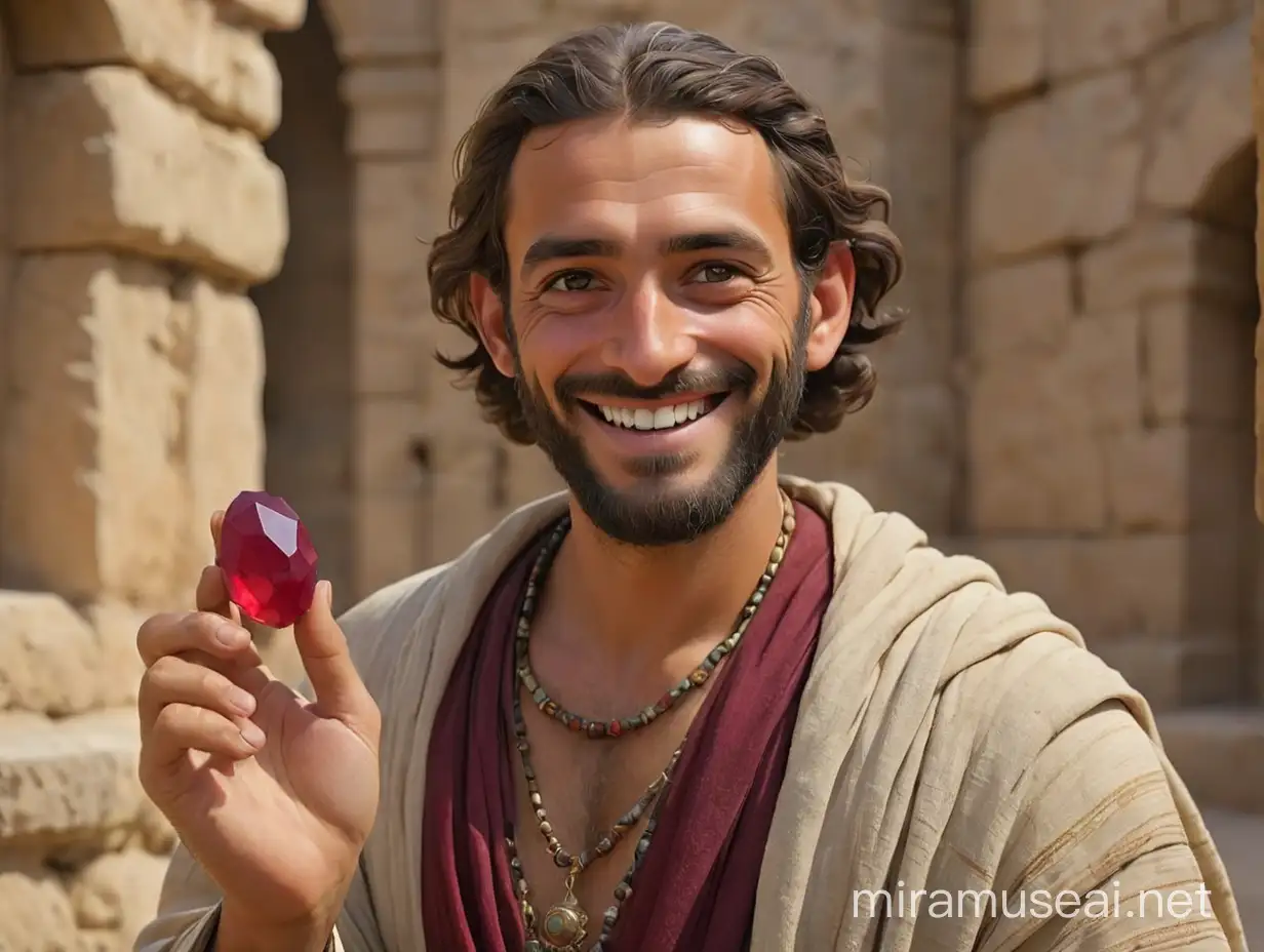 Smiling Seventh Century BCE Jewish Man Holding Ruby Stone