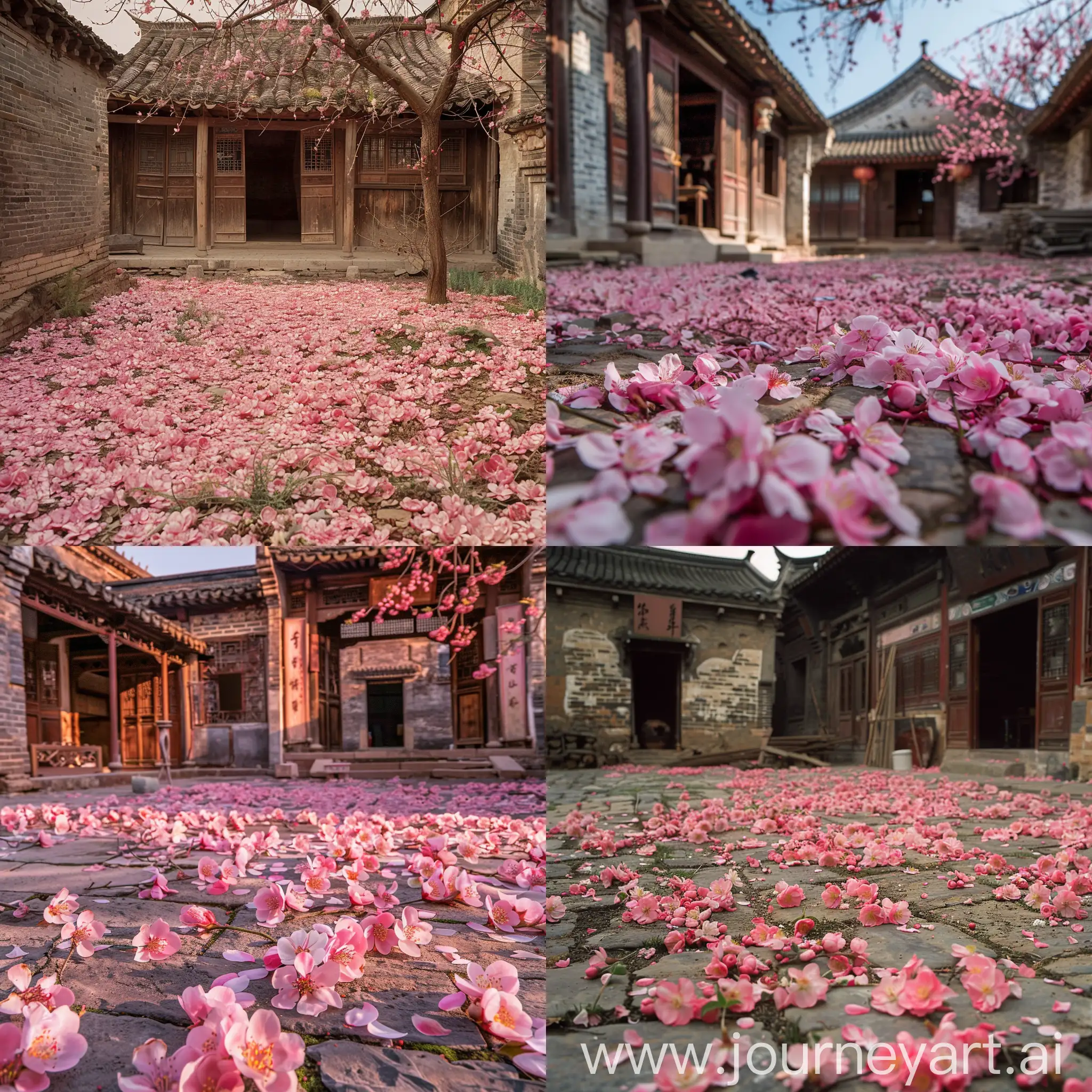 在春天的早晨起来，中国古代长安农村的院子里的地上掉满了桃花