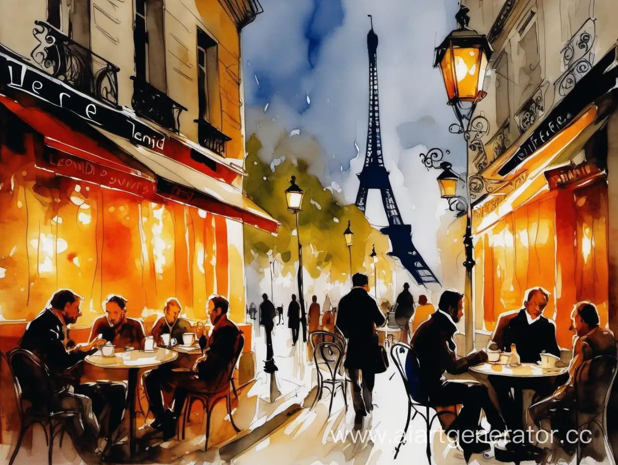 В кафе на улице в Париже за столиками сидят люди, пьют кофе,  светят фонари, рисунок художника Леонида Ефремова