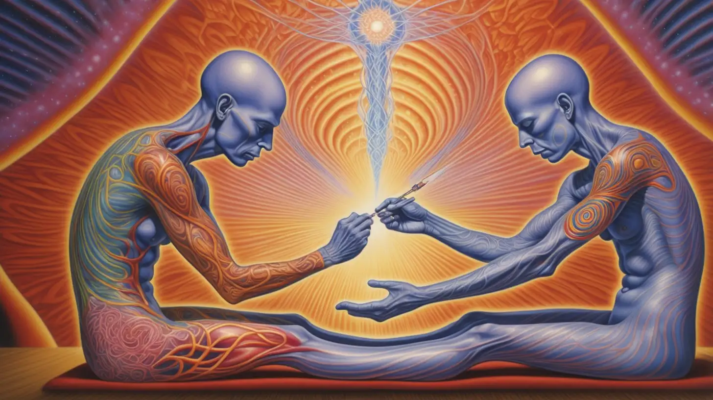 
/imagine prompt :
an oil painting by Alex grey that shows a tattoo artist performing a tattoo in somebody else.
Alex Grey has created this artwork depicting the metaphysical transfer of energy between a tattoo artist and their client during the process of giving a tattoo.
The artwork depicts the actual moment of a tattoo needle making contact with skin to transfer ink
However, beyond the physical action shown, there seems to be an underlying energetic exchange or transfer occurring between the tattoo giver and receiver
However, beyond the physical action shown, there seems to be an underlying energetic exchange or transfer occurring between the tattoo giver and receiver
An original visionary artwork by Alex Grey depicting energy flowing between two spiritual beings who are interconnected through an intimate ritual in a tattoo studio .the artwork shows a body that is sitting and tattooing another body that is lying on ground . Their [bodies are joined]::1 in tattooing area, the place that one of them is [tattooing]::3 another one by a [tattoo machine]::3, and in the point that the needle enters the skin with pulsing bio-electric currents passing from one entity to another by the needle in ribbons of rainbow light. The beings have glowing geometric auras extending out behind them in space. Their energy centers and chakras are linked by vibrant strands forming an infinity symbol, indicating a sacred bond beyond the physical plane.
[oil painting]
[full body]
[Alex Grey]
[highres]