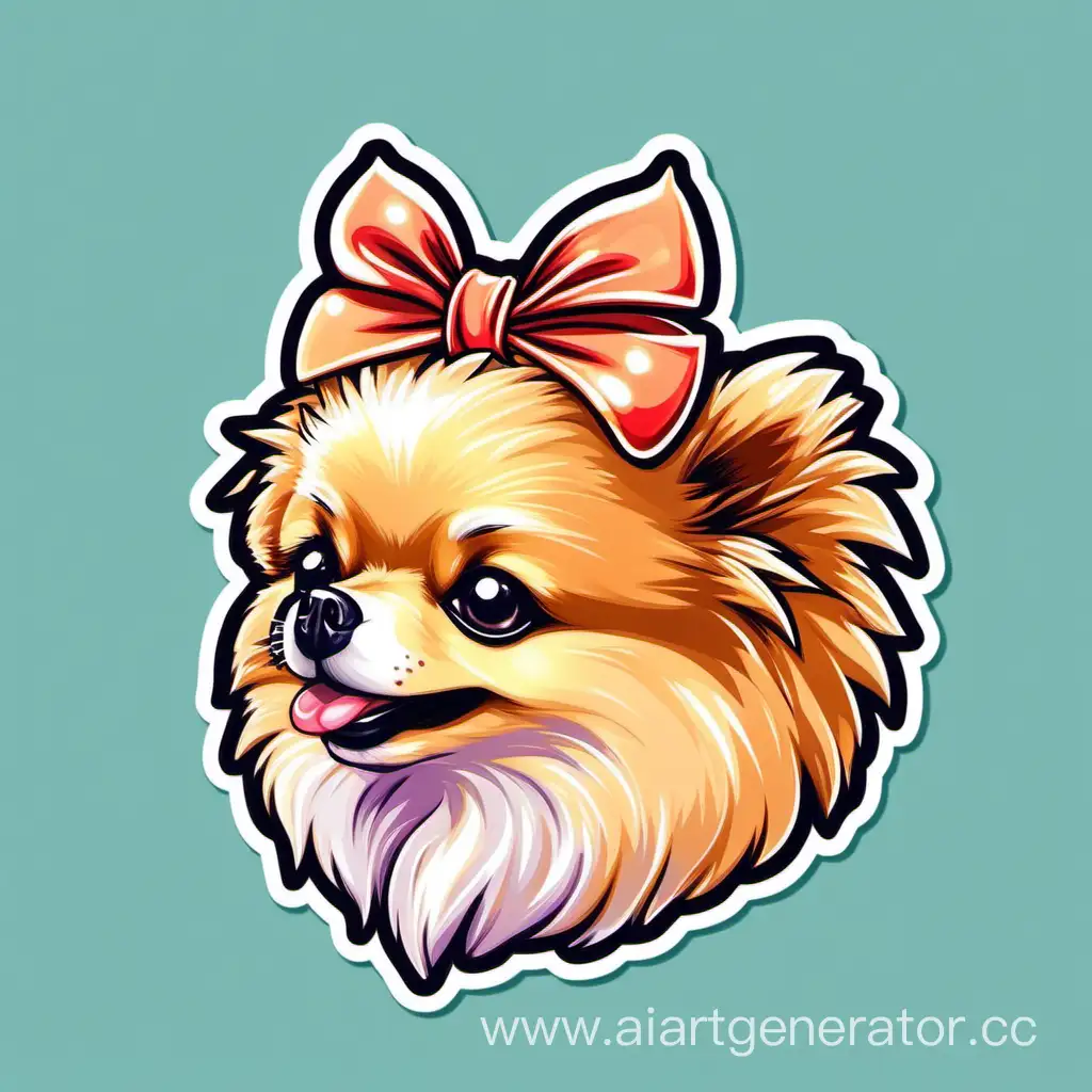 stiker  illustration of a Pomeranian Pomeranian with a bow on its head. side view
